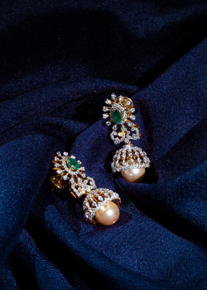 Cage-Style Lab Grown Diamond Bell Emerald Starburst Peacock Jhumka with South Sea Pearl Drop Earrings