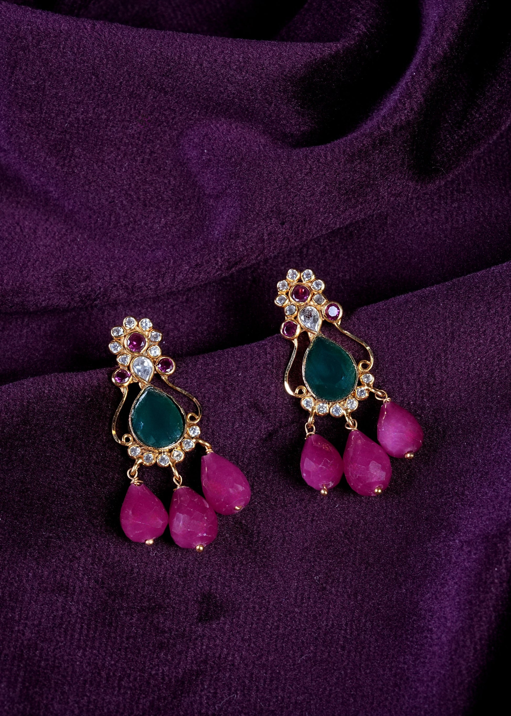 Emerald And Magenta Teardrop Tassel Chandelier Earrings