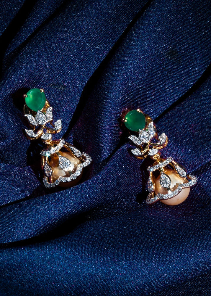 Lab Grown Diamond Flared Floral Emerald Cabochon Lotus Studs with Bell-Shaped Jhumkas