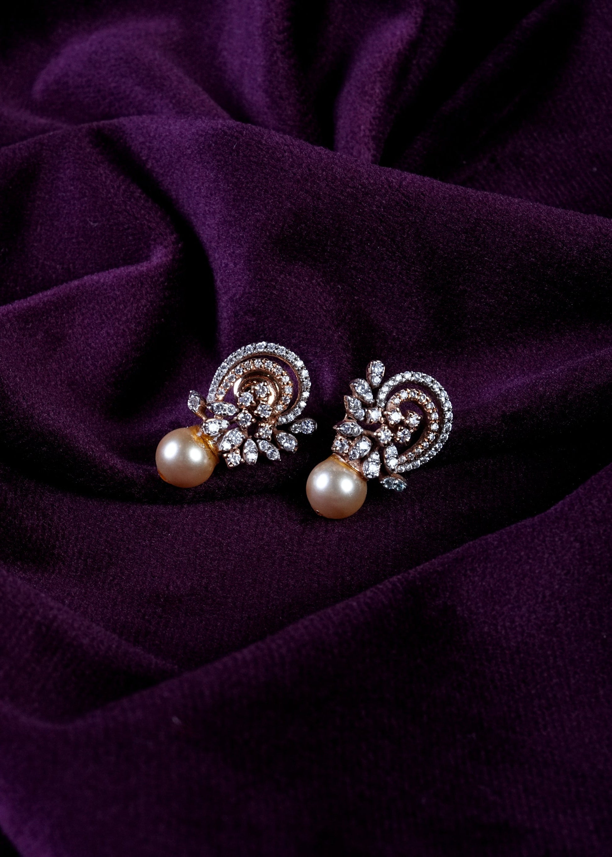 Marquise And Round Cut Floral Paisley Diamond Swirl Pearl Studs