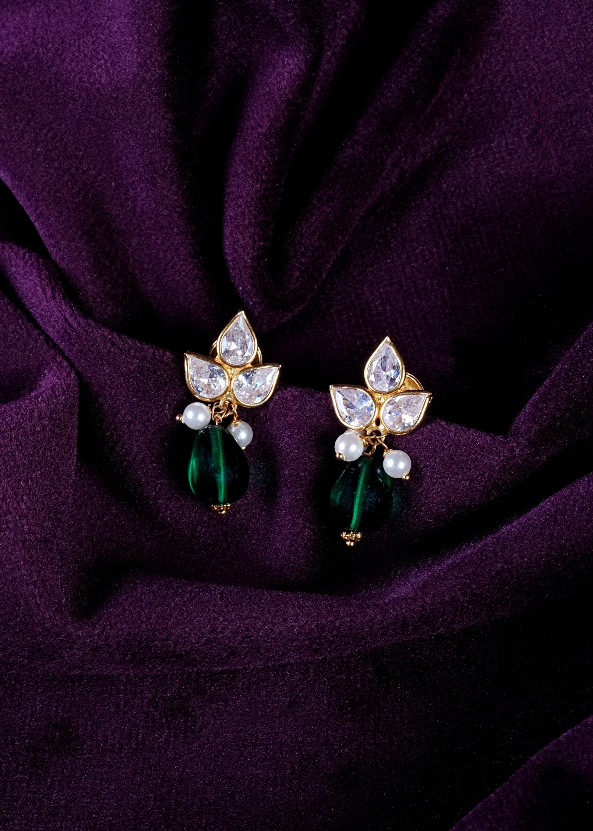 Lotus Trident Leaf Studs with Emerald Droplets
