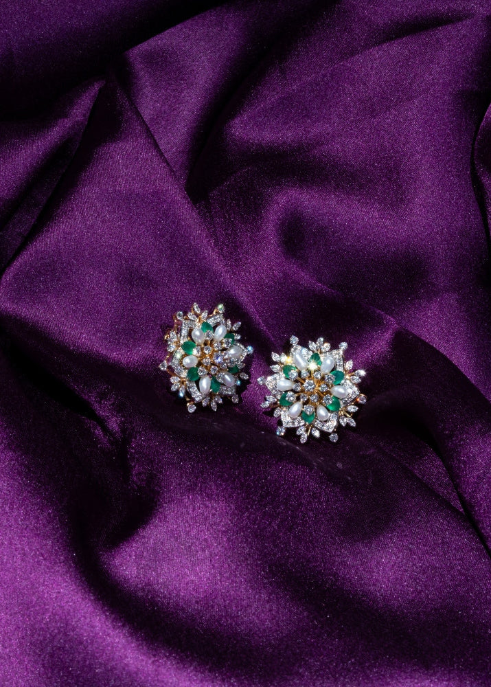 Lab Grown Diamond Multi-Gemstone Floral Snowflake Cluster Earrings with Pearls and Emeralds