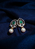 Lab Grown Diamond Mango Motif Emerald Cabochon Peacock Studs with South Sea Pearl Drops
