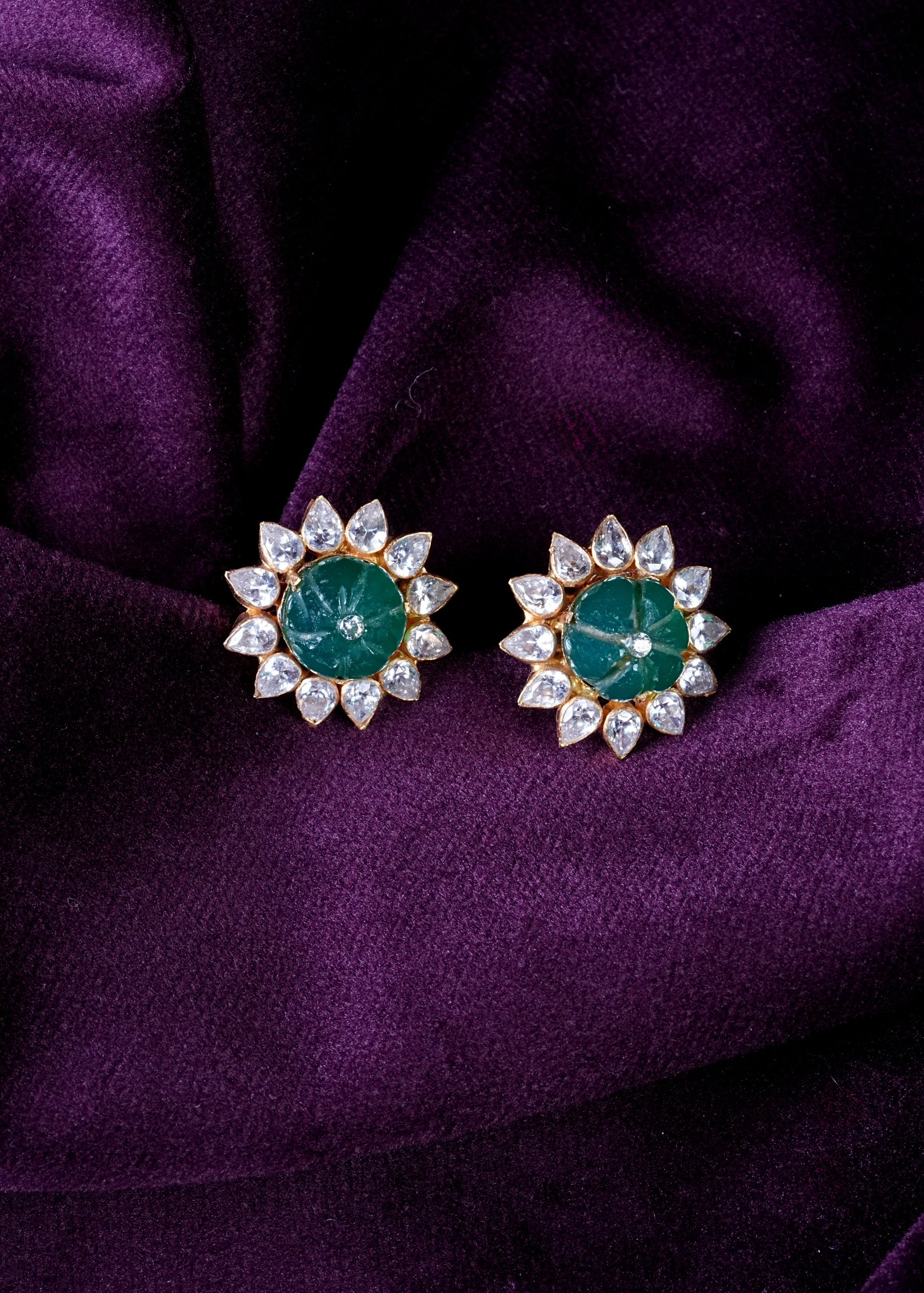 Carved Emerald Sunflower Studs