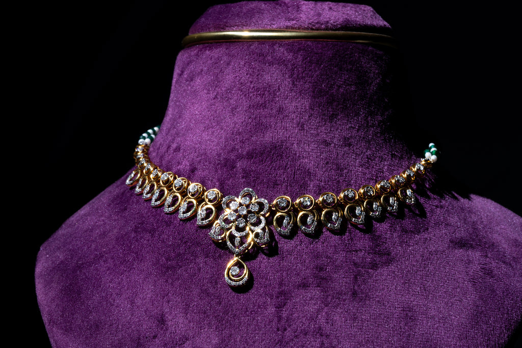 Lab Grown Diamond Floral Rosette Manga Malai with Green Sapphires & Fresh Water Pearls Necklace