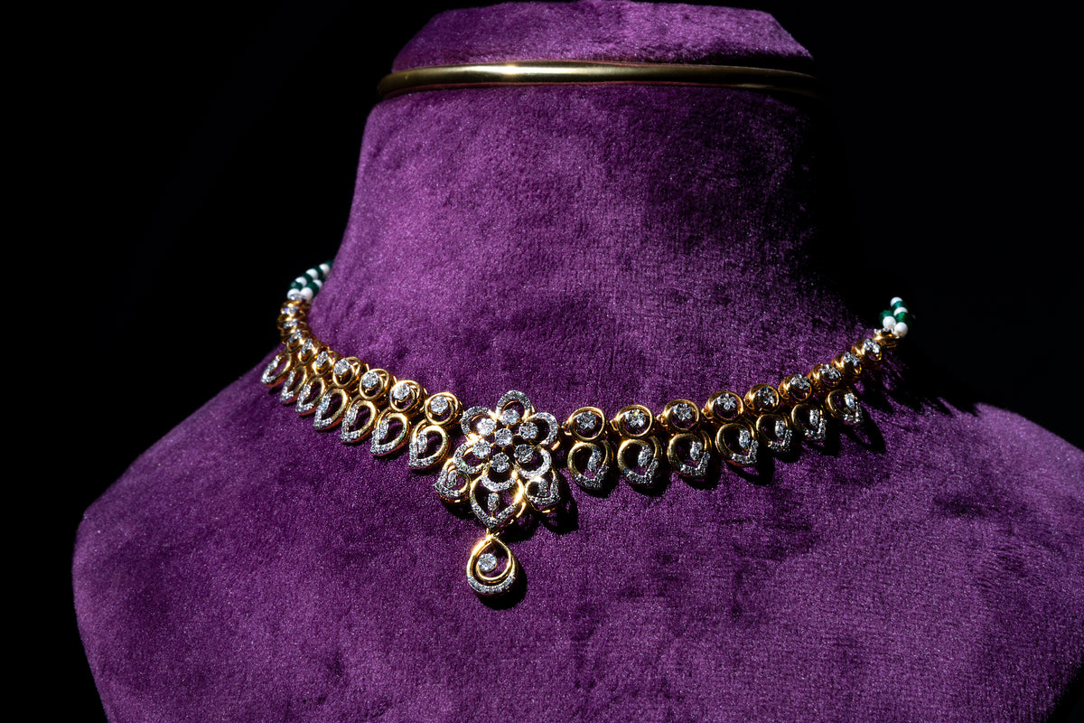 Lab Grown Diamond Floral Rosette Manga Malai with Green Sapphires & Fresh Water Pearls Necklace