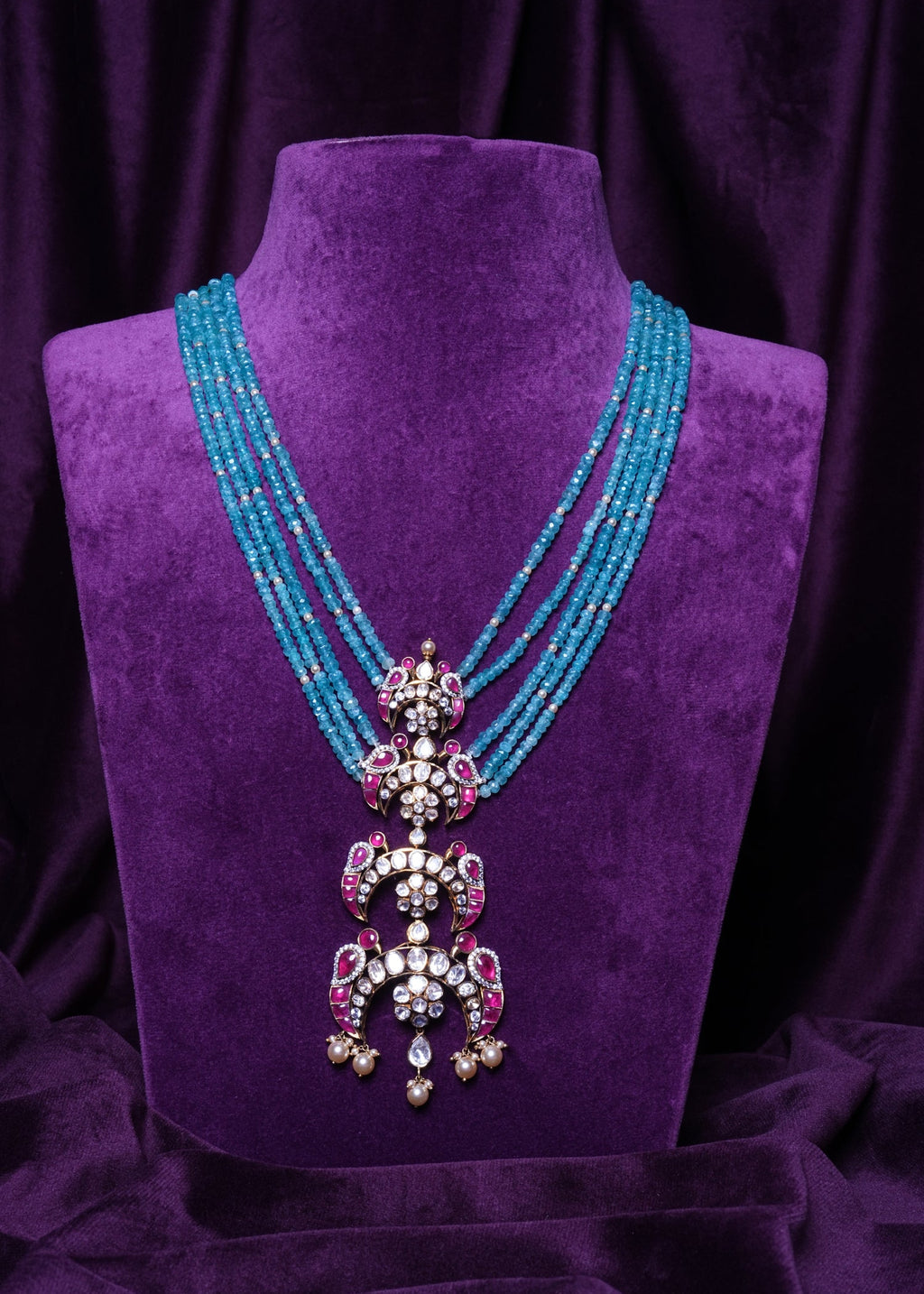 Multi-Layering Turquoise Blue Beads Haram with a Tiered Parrot Jadau Polki Pendant
