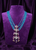 Multi-Layering Turquoise Blue Beads Haram with a Tiered Parrot Jadau Polki Pendant
