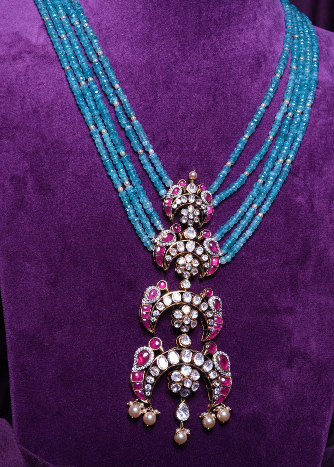 Multi-Layering Turquoise Blue Beads Haram with a Tiered Parrot Jadau Polki Pendant
