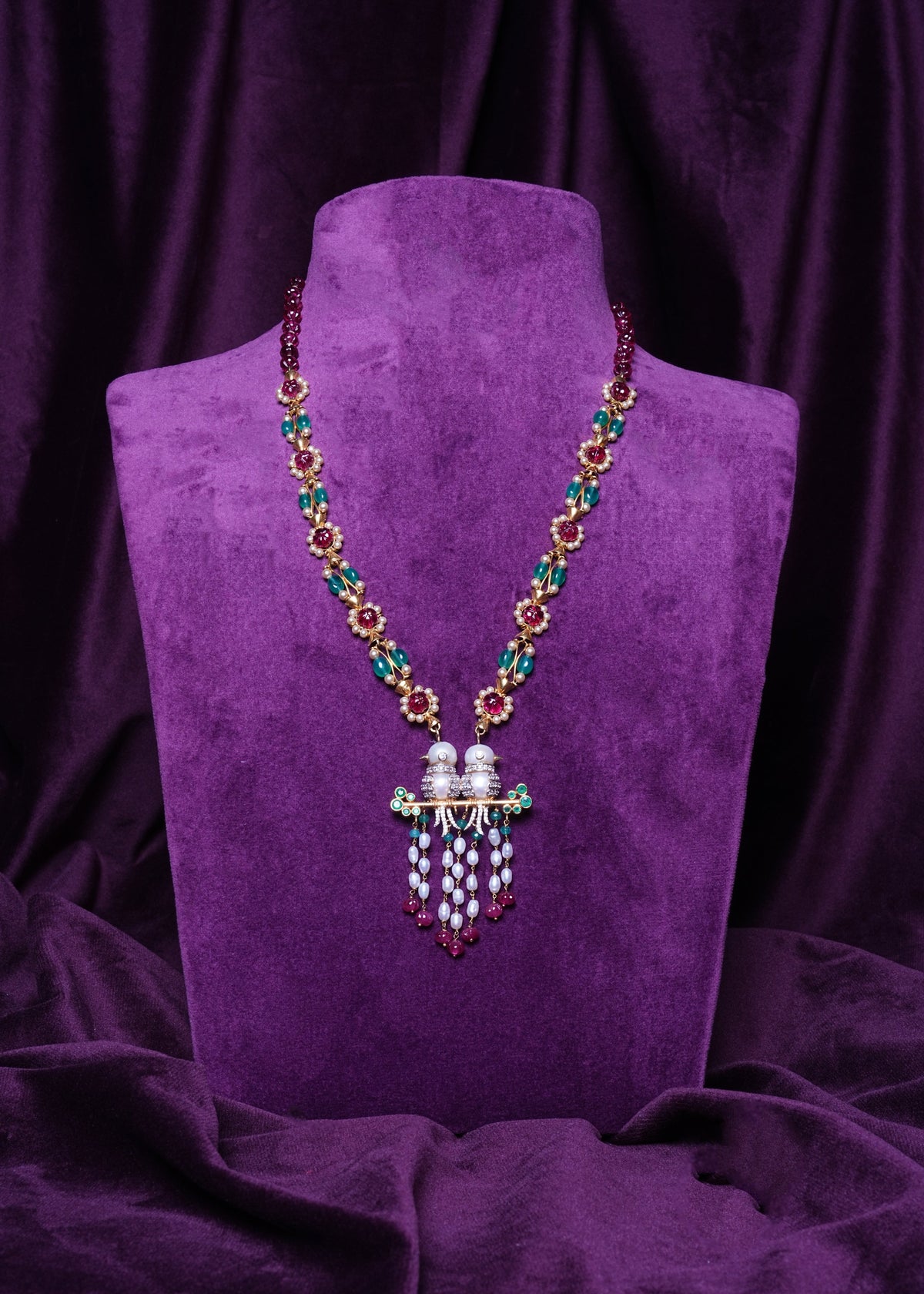 3D Pearl-Bodied Lovebirds Motif Mugappu Emeralds Haram with a Panchala Fringe