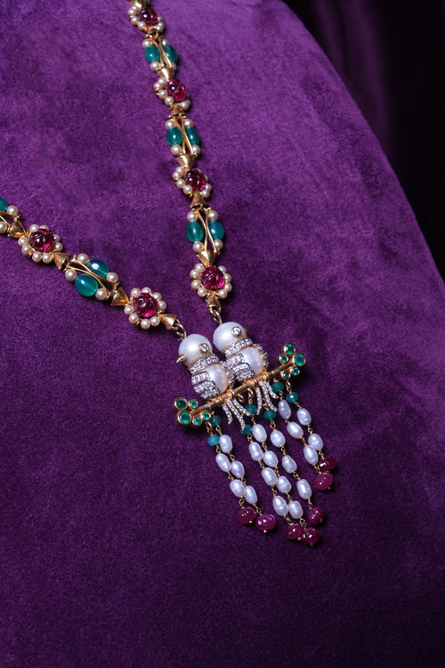 3D Pearl-Bodied Lovebirds Motif Mugappu Emeralds Haram with a Panchala Fringe