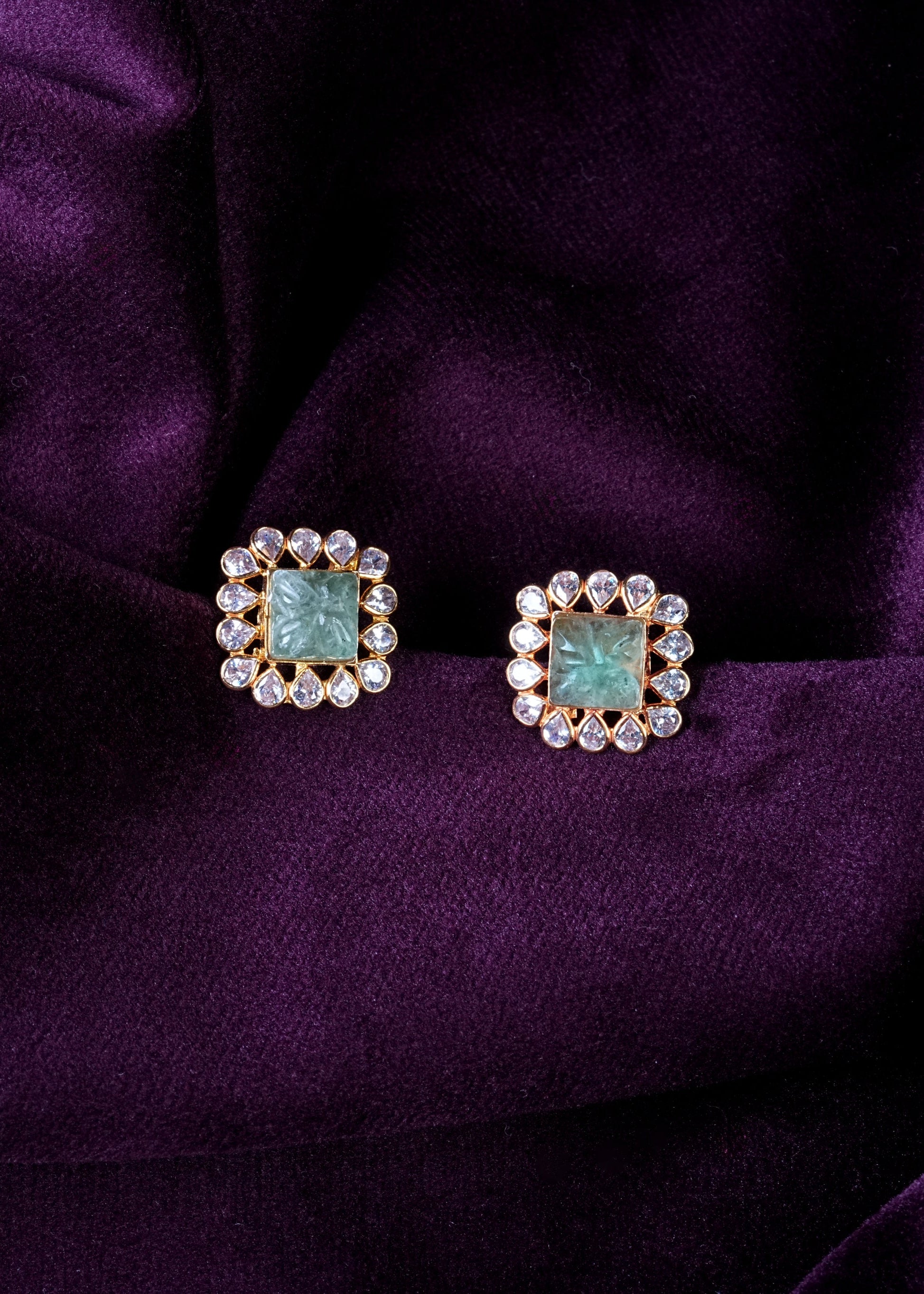 Craved Mint Emerald Square Studs with Swarovski Halos
