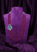 Multi-Layered Ruby Beads Haram with Side Polki Russian Emerald Brooch