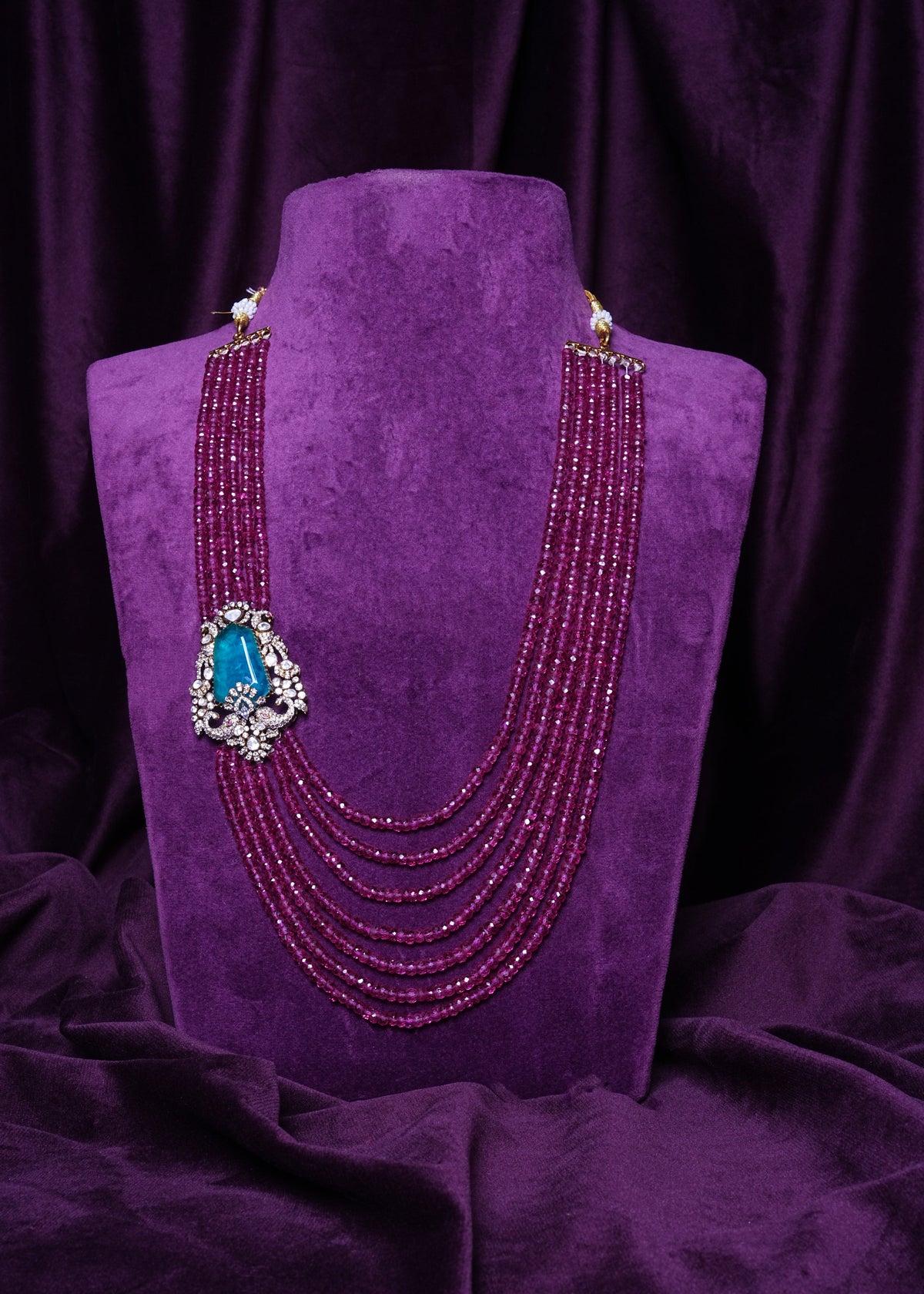 Multi-Layered Ruby Beads Haram with Side Polki Russian Emerald Brooch