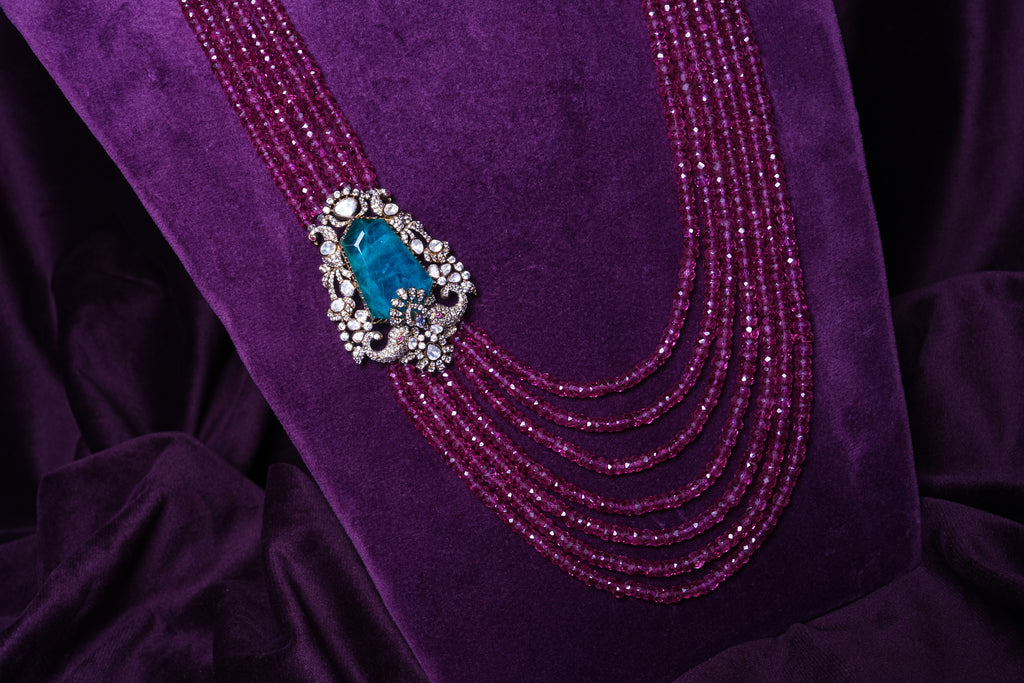 Multi-Layered Ruby Beads Haram with Side Polki Russian Emerald Brooch