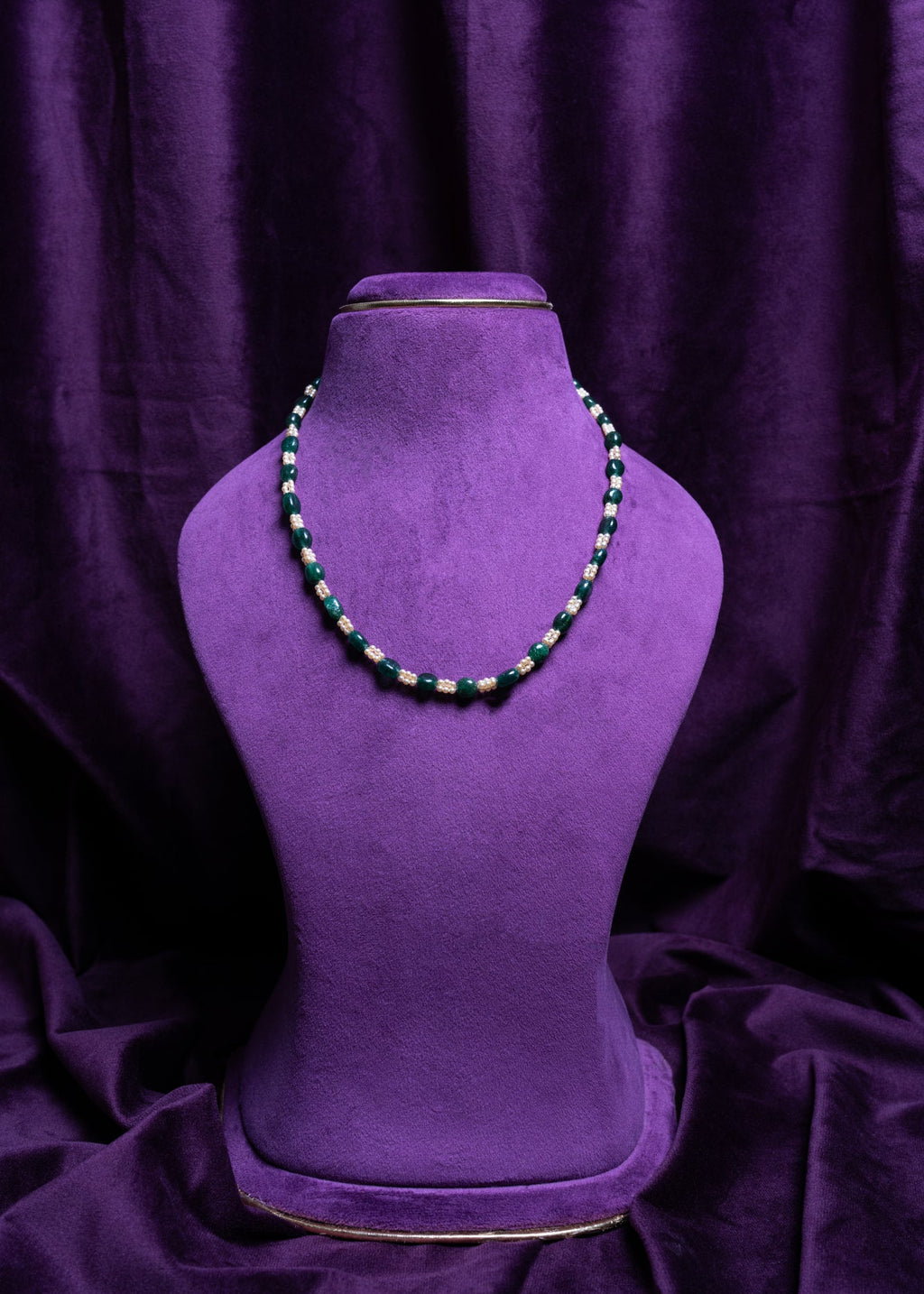 Emerald Green Ovels and Cultured South Sea Pearls Tree- Layers Choker