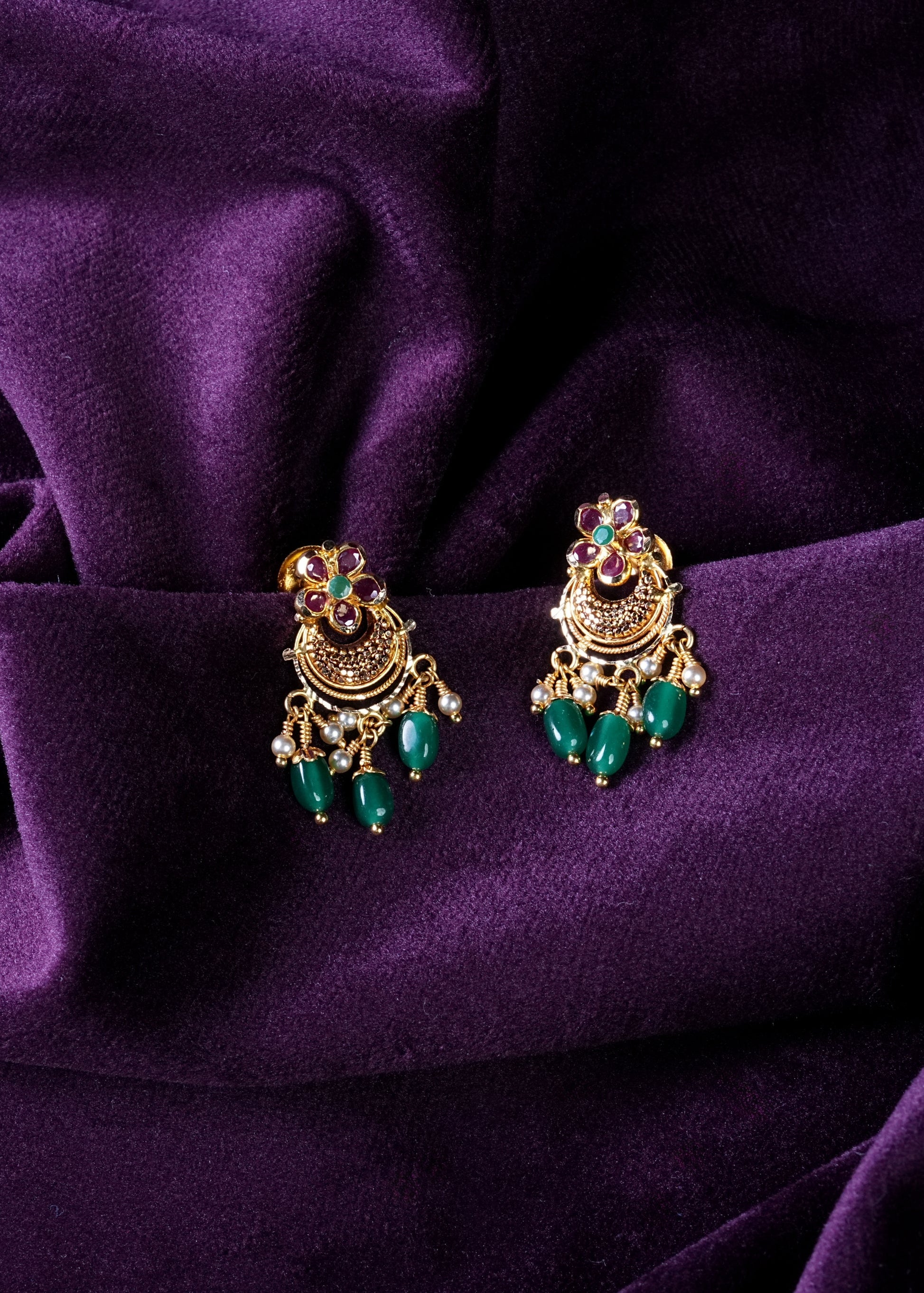 Antique Guttapusalu Chandbalis with Emerald Beads Fringes