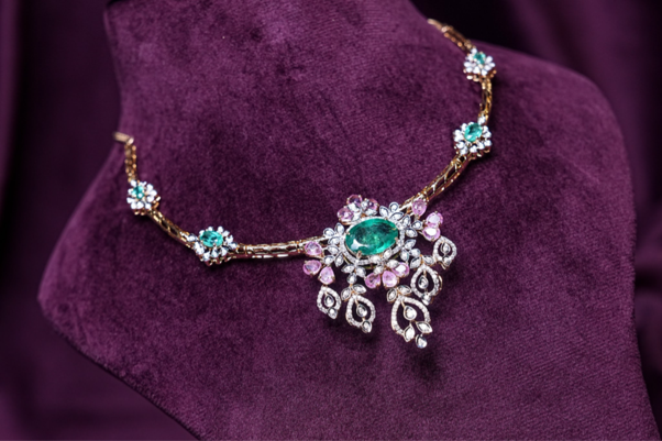 Lab Grown Diamond Emerald and Tourmaline Floral Bouquet & Morganite Accent Drops Necklace