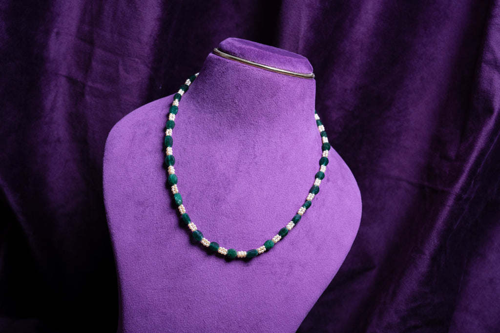 Emerald Green Ovels and Cultured South Sea Pearls Tree- Layers Choker