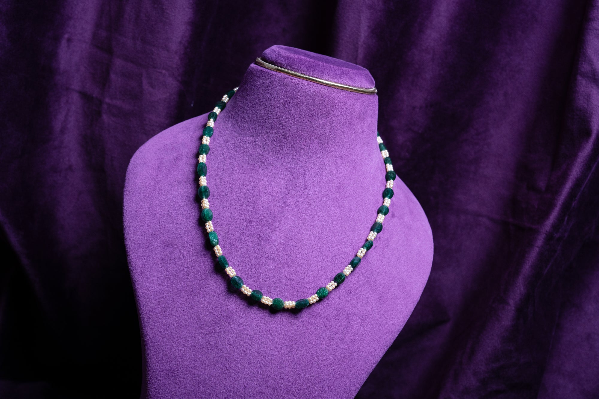 Emerald Green Ovels and Cultured South Sea Pearls Tree- Layers Choker
