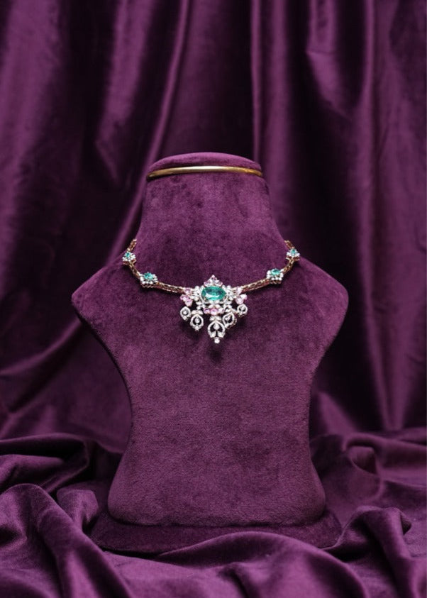 Lab Grown Diamond Emerald and Tourmaline Floral Bouquet & Morganite Accent Drops Necklace