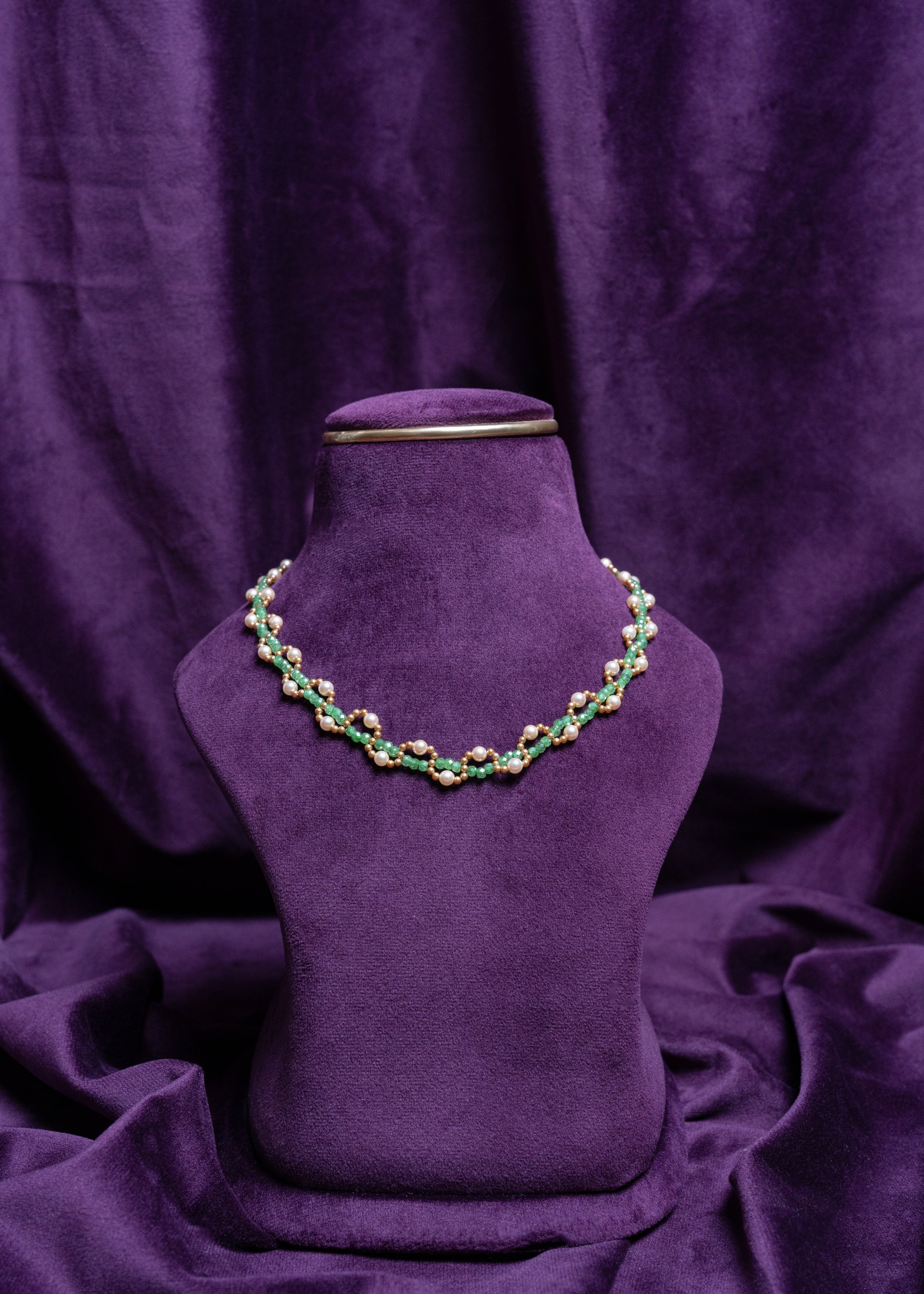 Rondelle Zircon Russian Green Beads and Cultured South Sea Pearls With Gold Pearls Choker