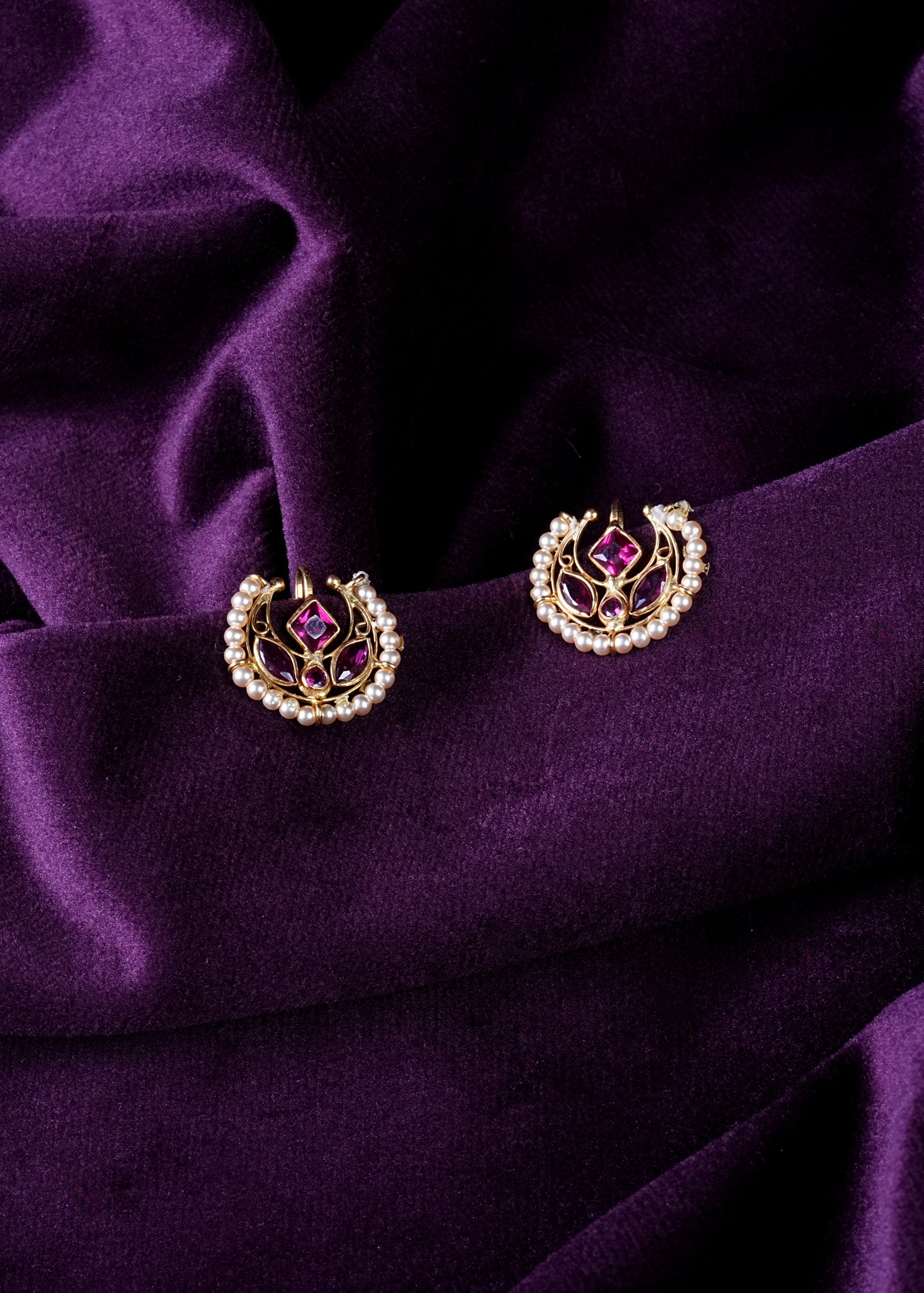 Deccani Ruby Bugadi Crescent Hoops with South Sea Pearls