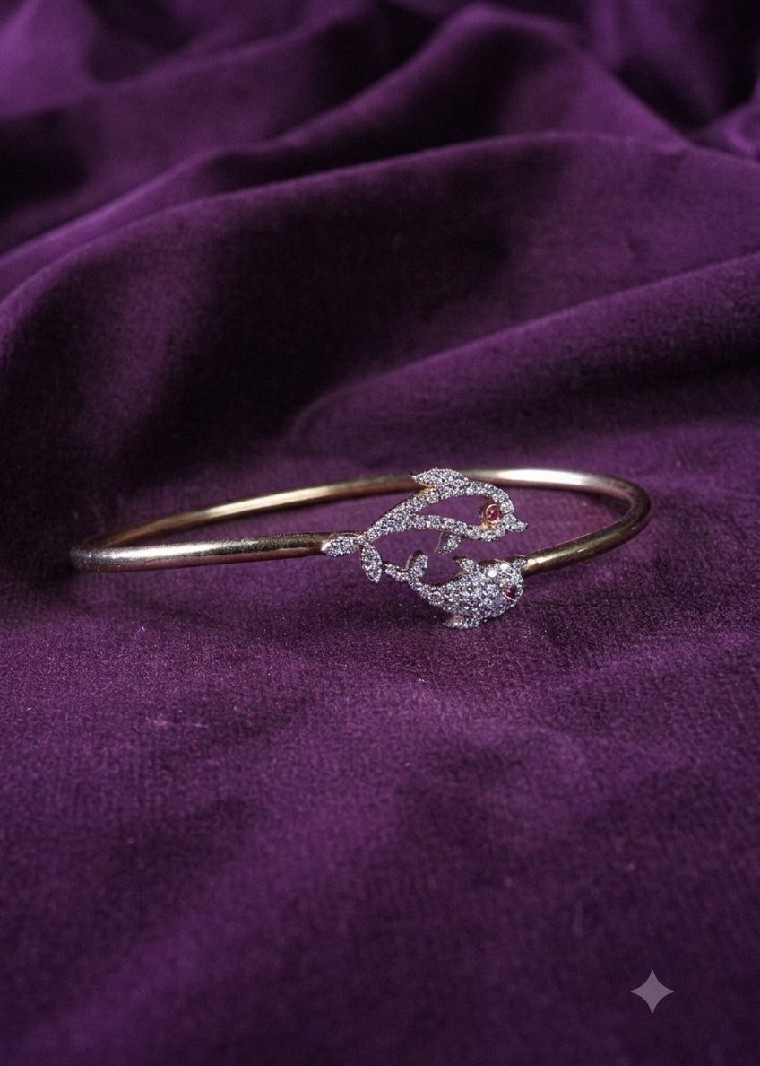 Sterling Gold Dual Dolphin Cubic Zirconia Bangle Bracelet