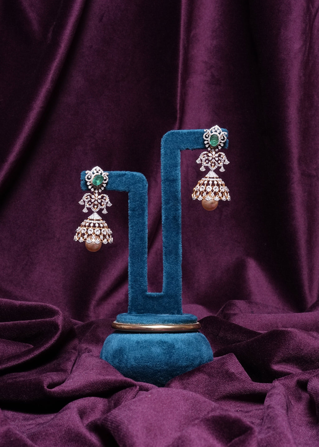 6-In-1 Emerald & Tourmaline Halo Filigree Jhumkas With South Sea Pearl & Coral Changeable Drops