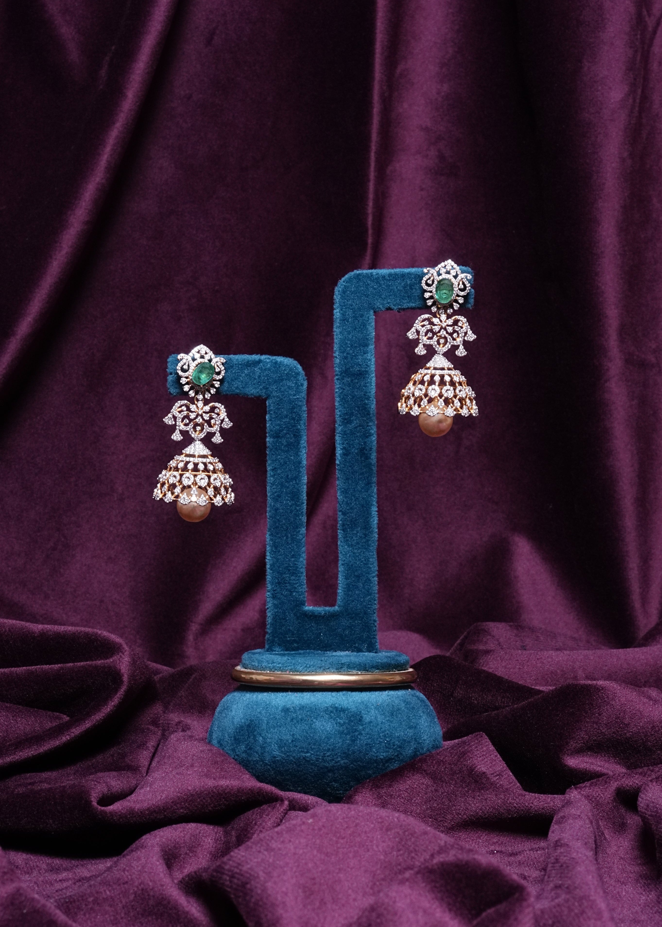 6-In-1 Emerald & Tourmaline Halo Filigree Jhumkas With South Sea Pearl & Coral Changeable Drops