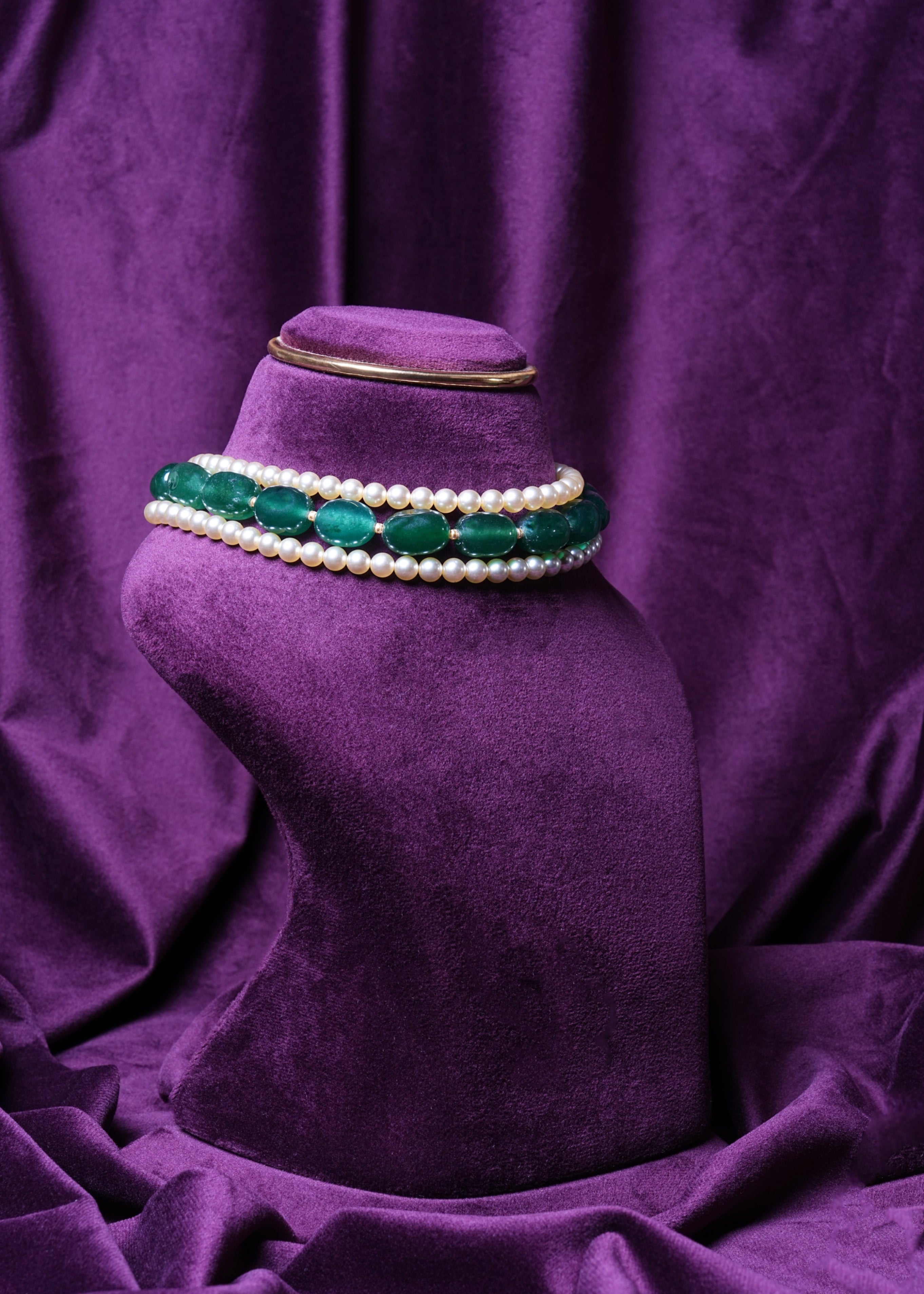 South Sea Pearls and Emerald Tumbles Choker Beaded With Gold Pearls
