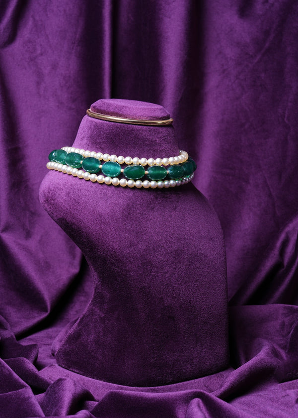 South Sea Pearls and Emerald Tumbles Choker Beaded With Gold Pearls