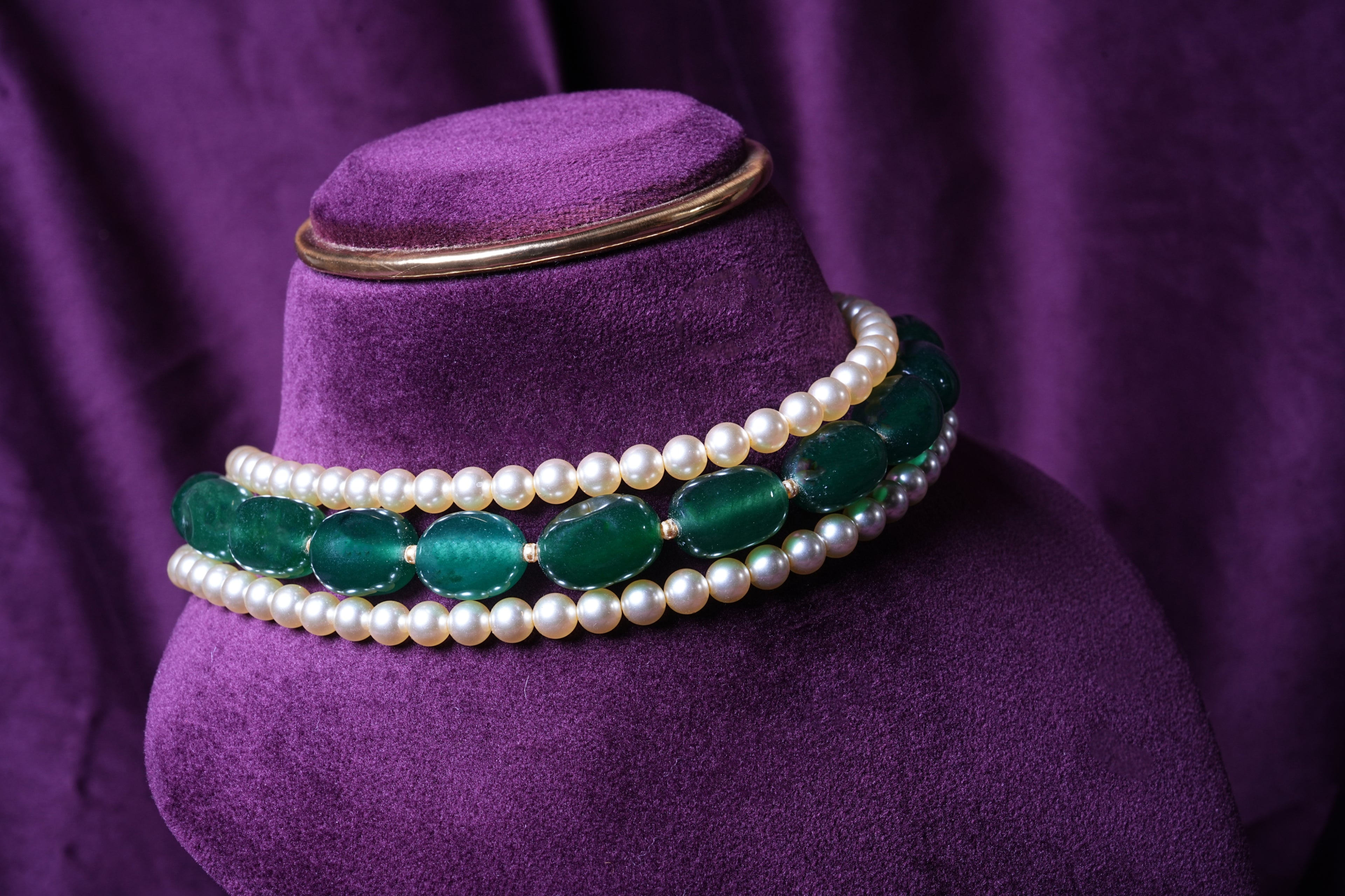 South Sea Pearls and Emerald Tumbles Choker Beaded With Gold Pearls