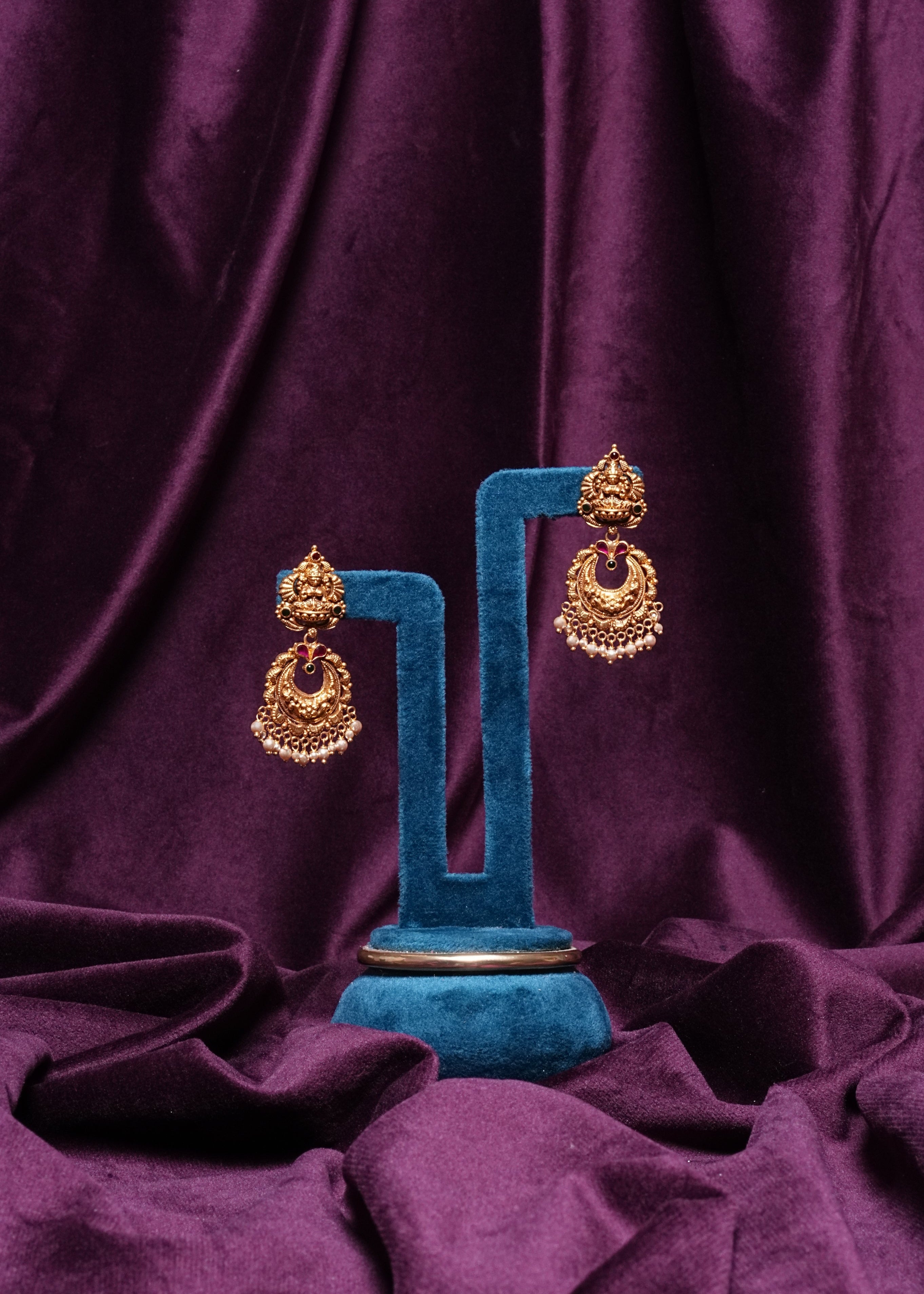 Antique Goddess Lakshmi Motif Chandbali Earrings