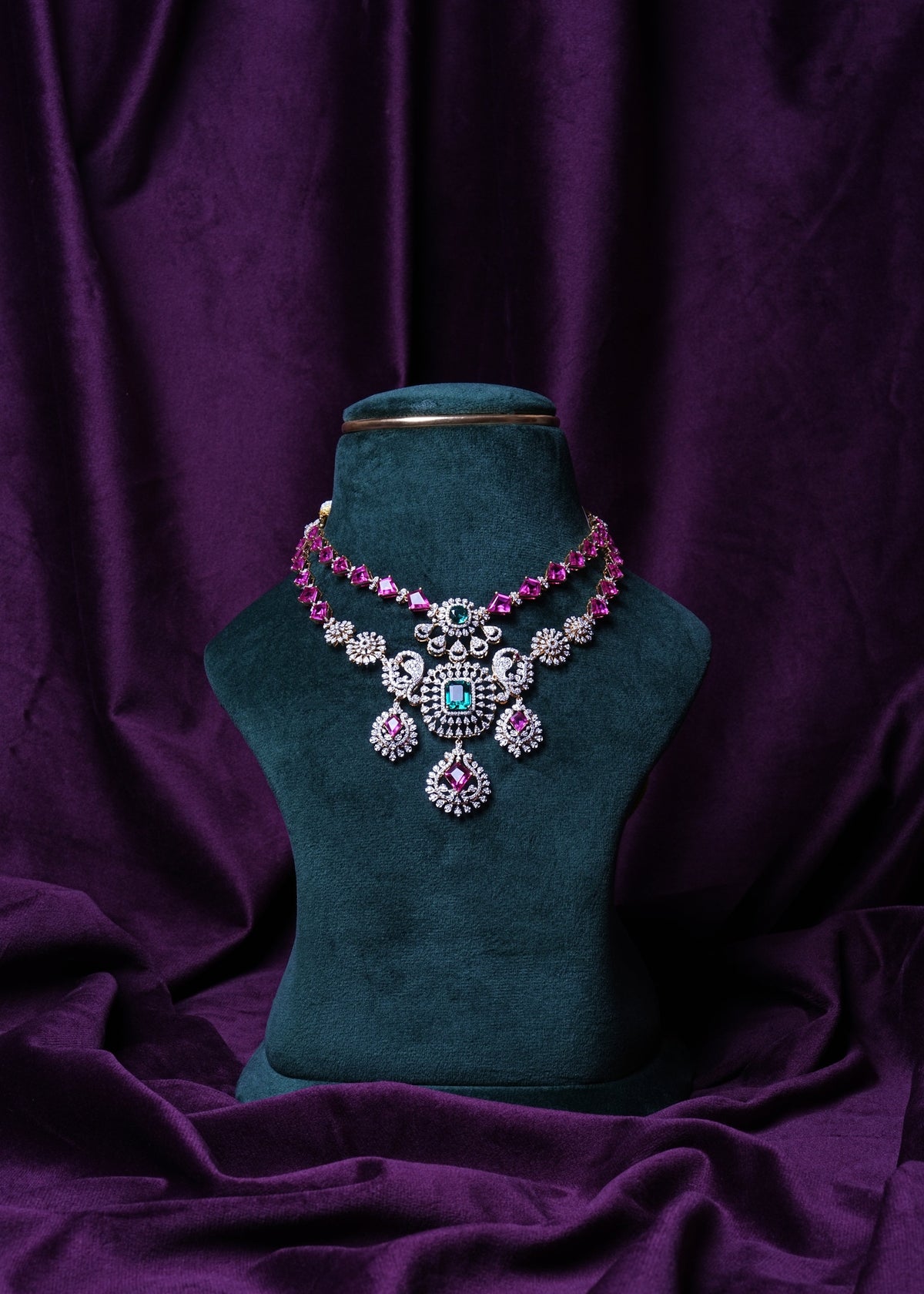 Ruby Pink Hydro Emerald Grand Peacock Lab Grown Diamond Necklace