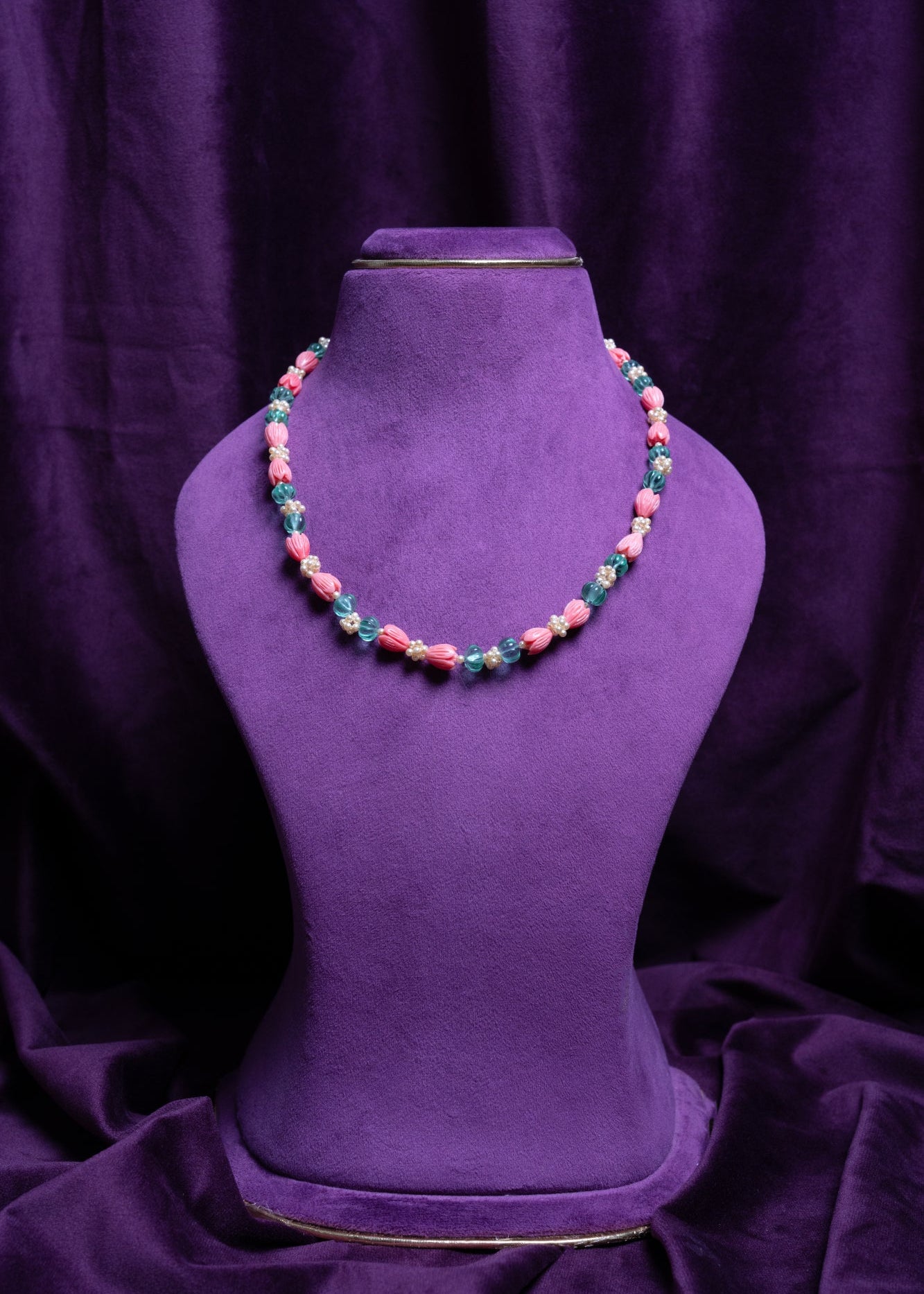Russian Emerald Faceted Rondelle Pumpkin & White South Sea Balls & Synthetic Coral Carved Thulips Choker