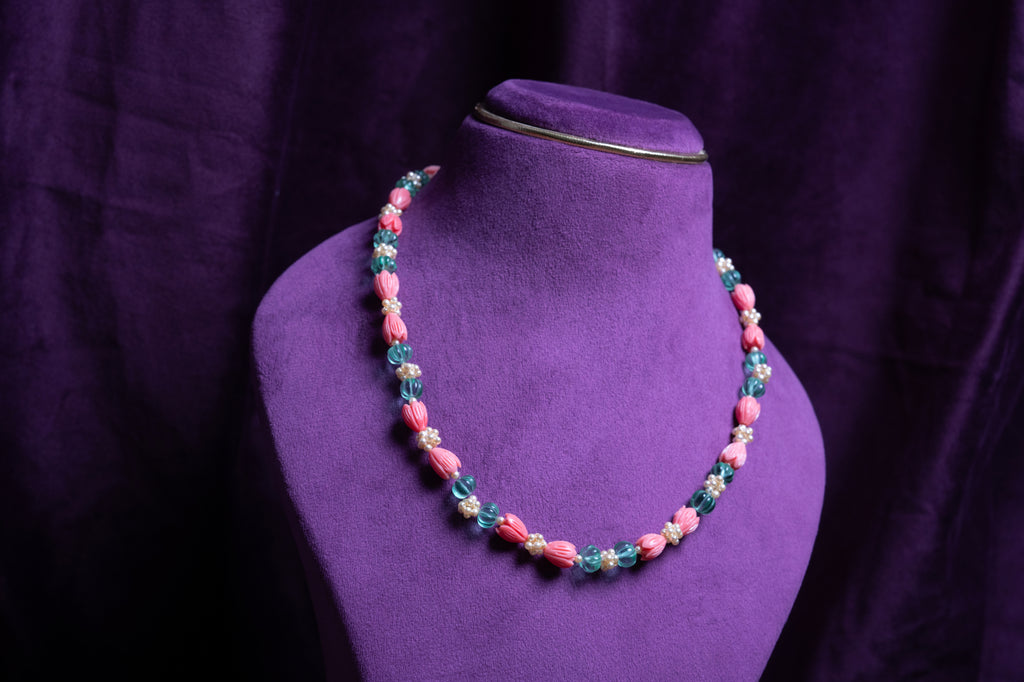 Russian Emerald Faceted Rondelle Pumpkin & White South Sea Balls & Synthetic Coral Carved Thulips Choker