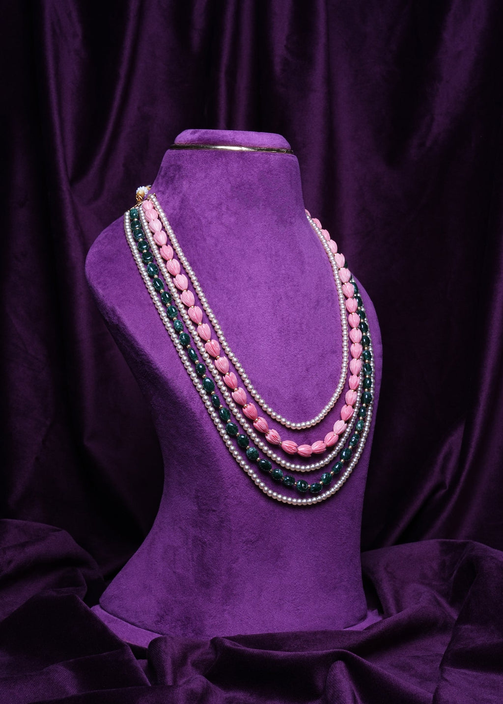 Five-Layer South Sea Pearls and Coral Tulips With Emeralds Haram