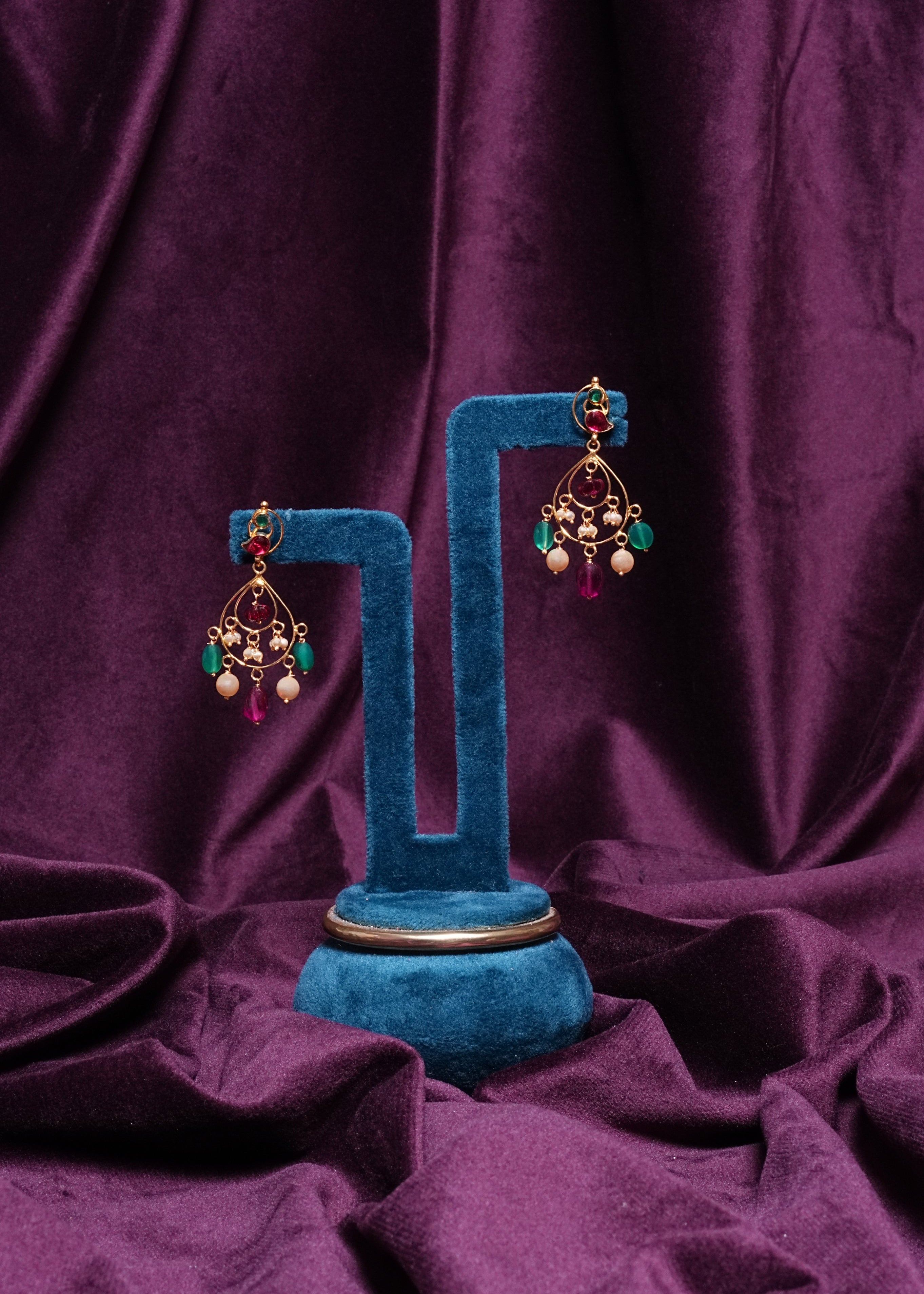 Mayur Chandelier Earrings with Multi-Gemstone Droplets