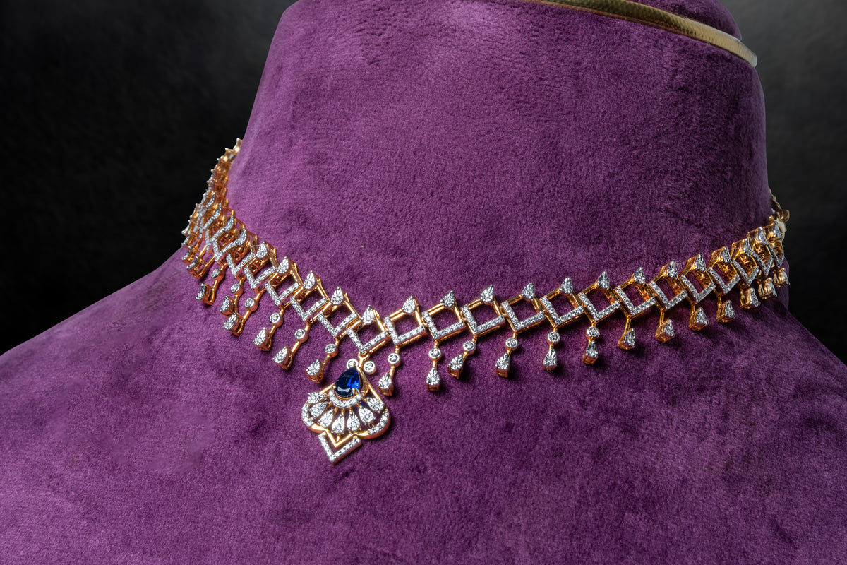 Lab Grown Diamond-Shaped Mesh and Pear-Cut Sapphire Blue Stone Art Deco Fan Pendant Necklace