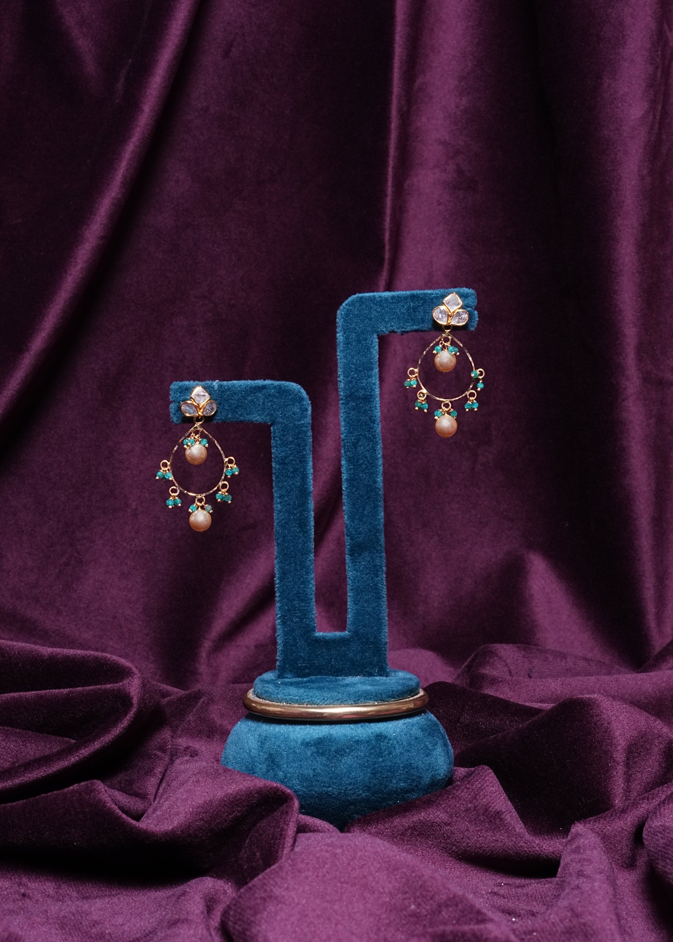 Hoop Chandbalis with Emerald And Pearl Droplets