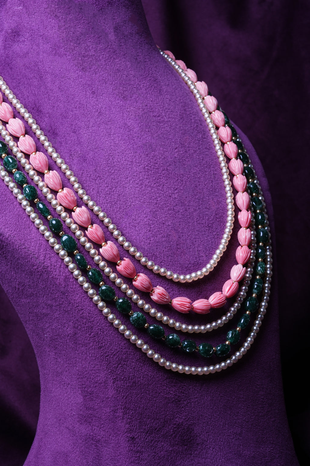 Five-Layer South Sea Pearls and Coral Tulips With Emeralds Haram