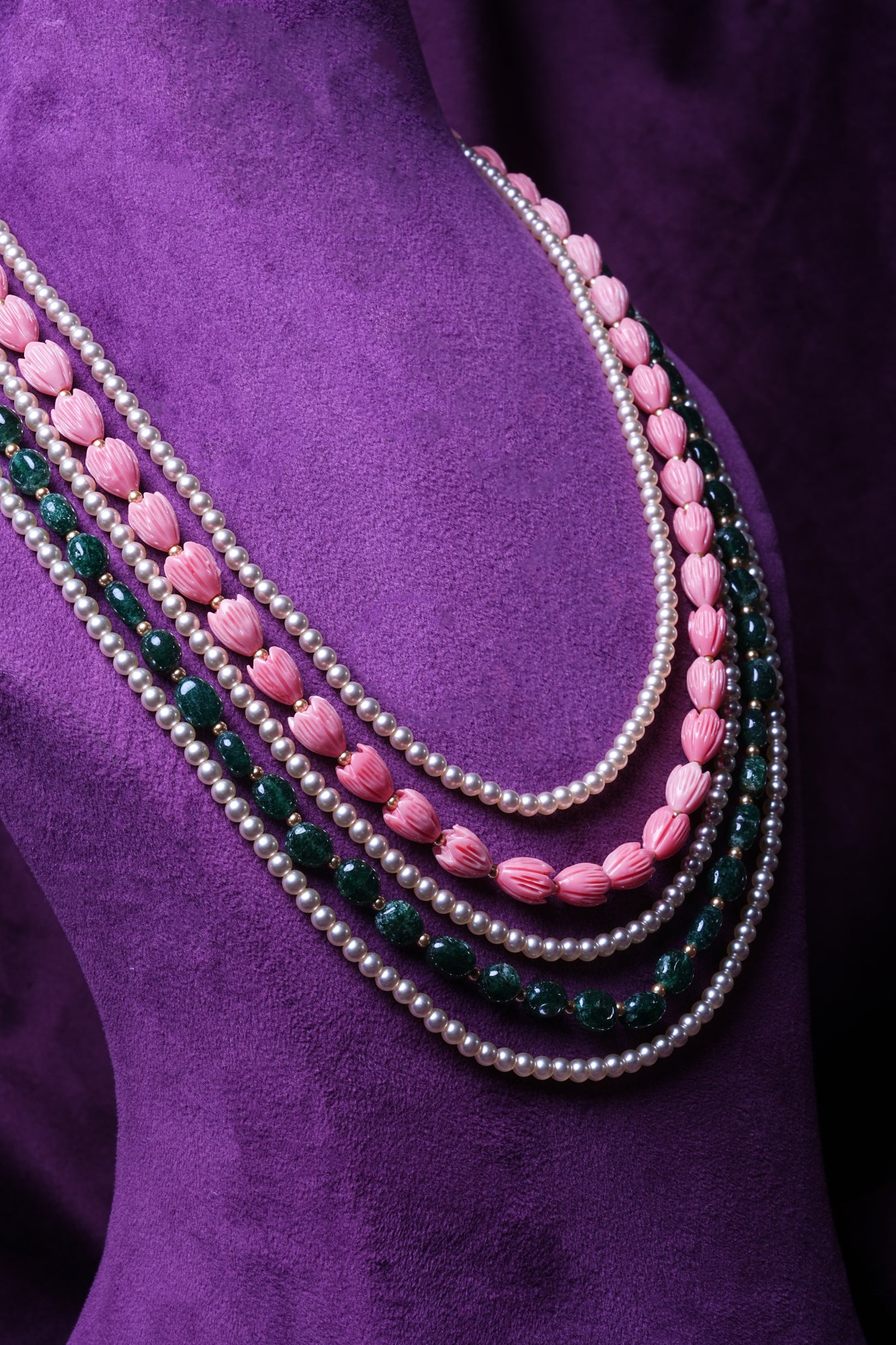 Five-Layer South Sea Pearls and Coral Tulips With Emeralds Haram