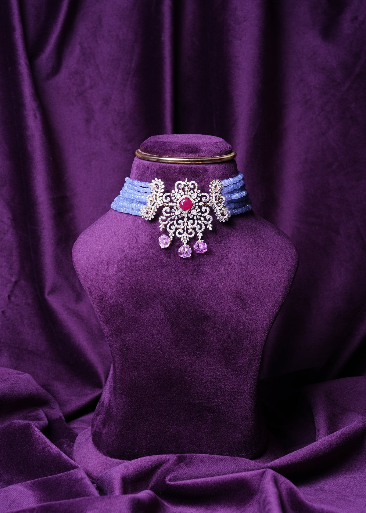 Lab Grown Diamond Changeable Stone Emerald and Ruby 3-in-1 Changeable Beads with Tanzanites & Pink Tourmaline Necklace