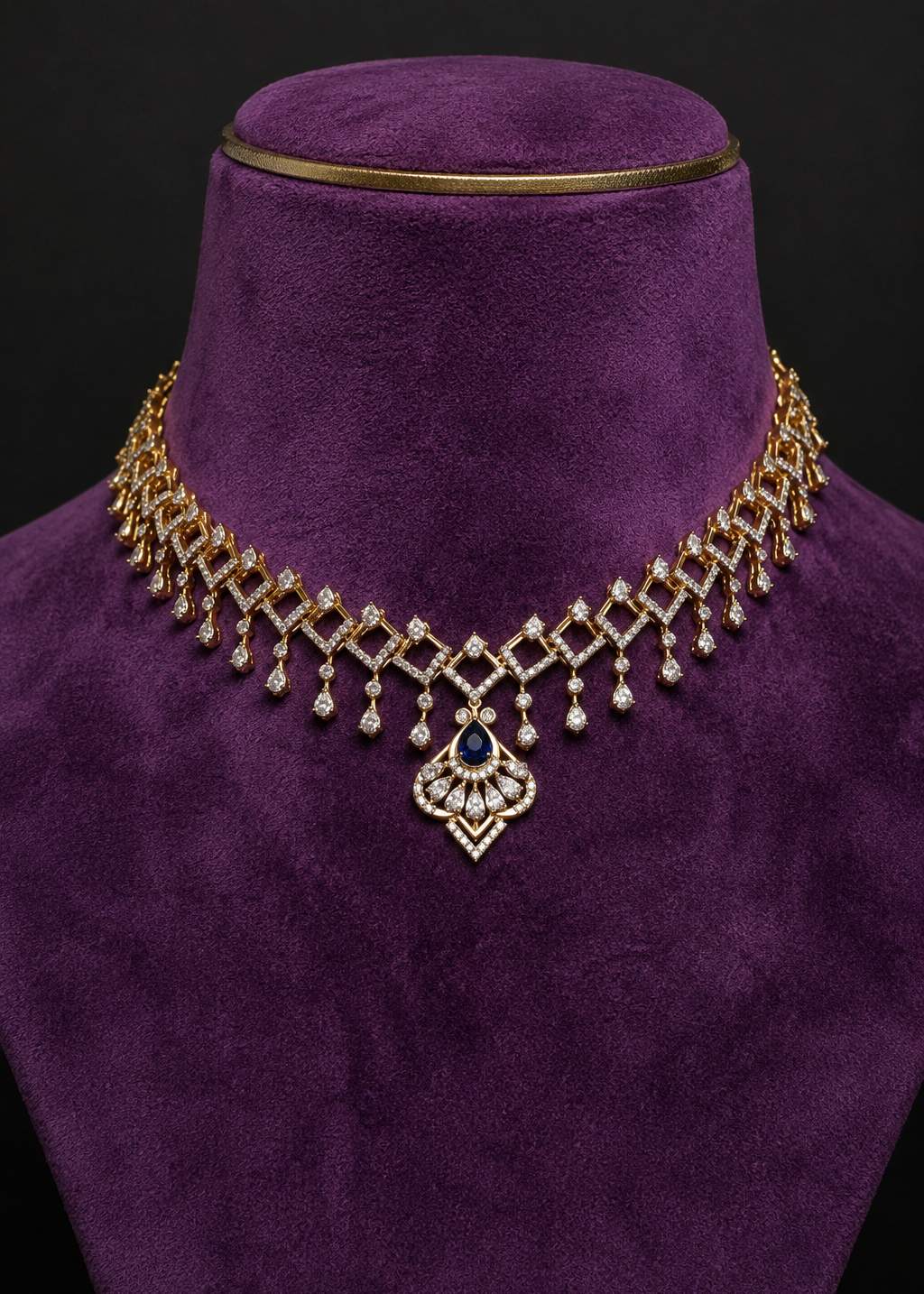 Lab Grown Diamond-Shaped Mesh and Pear-Cut Sapphire Blue Stone Art Deco Fan Pendant Necklace