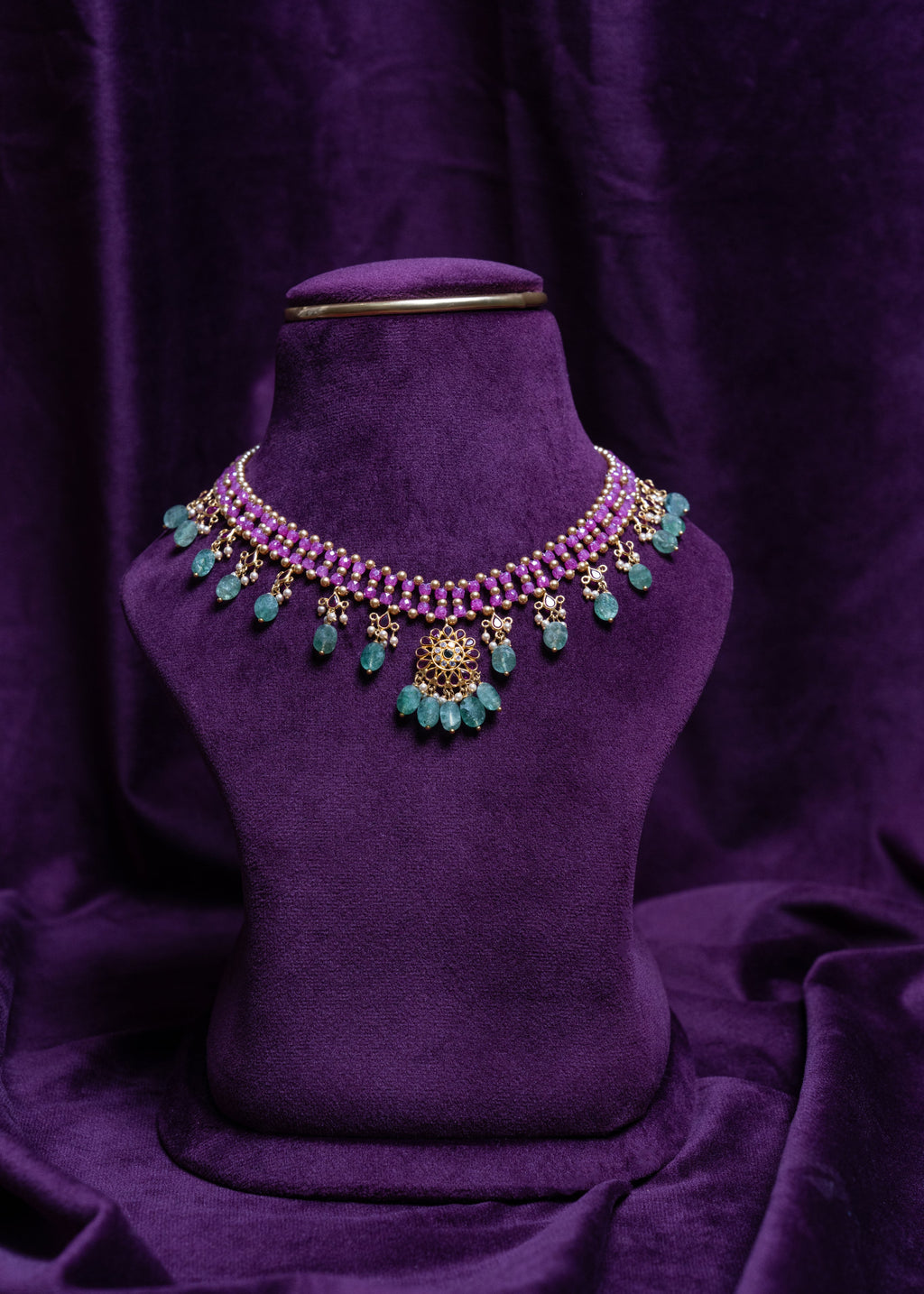 Zircon Beaded Nitting Gemstone Kempu Emerald Ovel Drop Necklace Made With Precious South Sea Pearls & Russian Emerald With CZ/Polkis