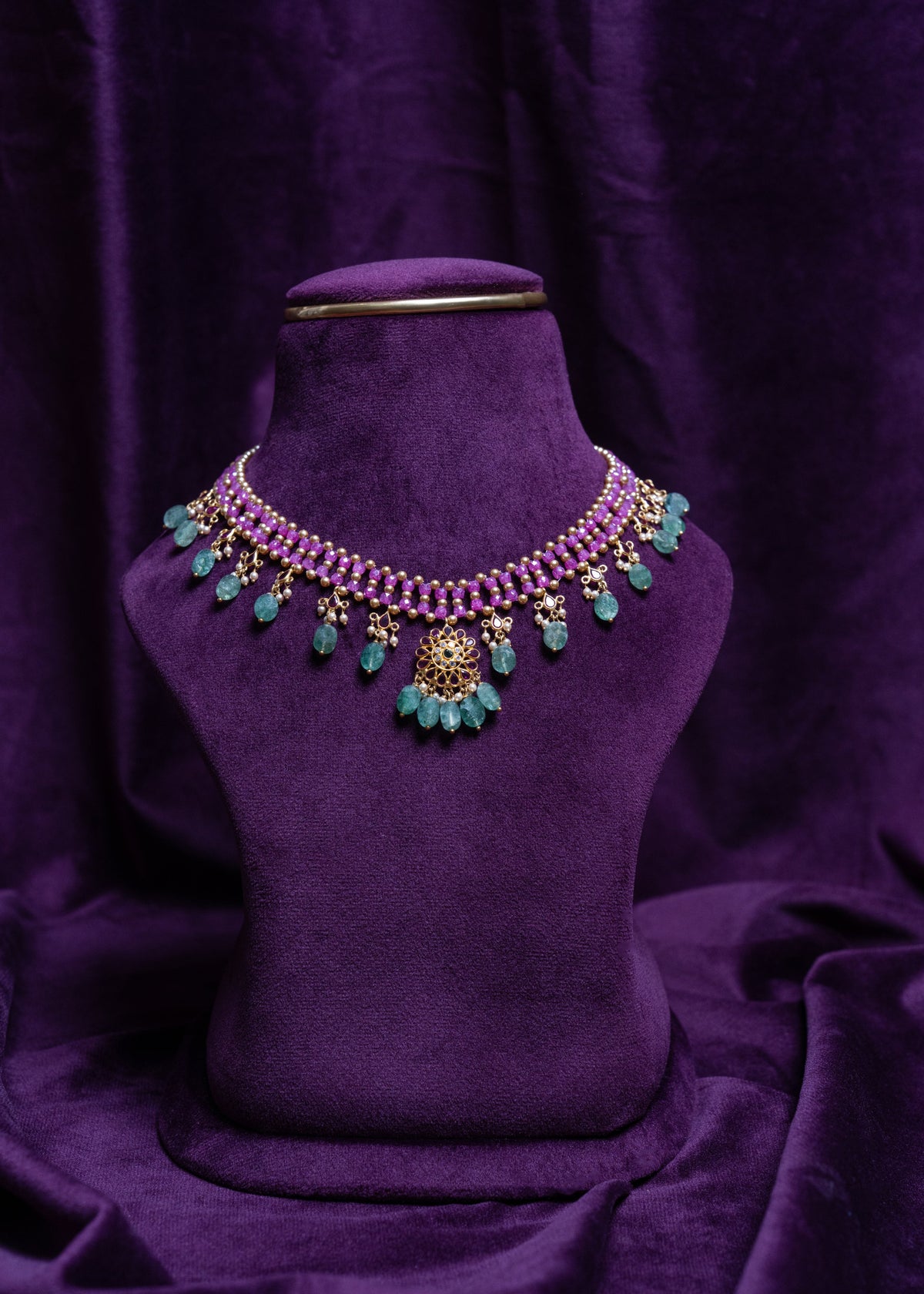 Zircon Beaded Nitting Gemstone Kempu Emerald Ovel Drop Necklace Made With Precious South Sea Pearls & Russian Emerald With CZ/Polkis
