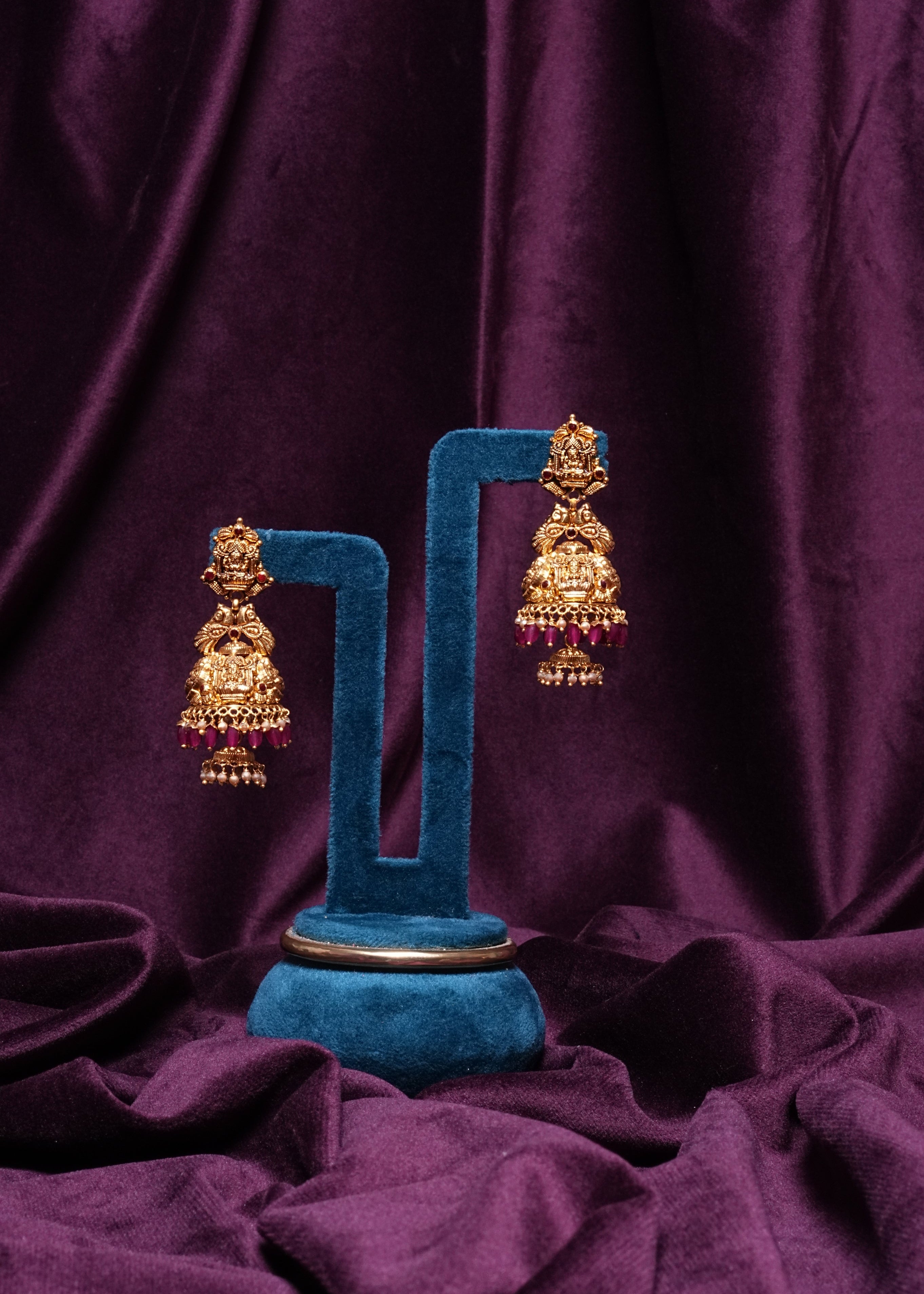 Antique Nakshi Lakshmi Temple Jhumkas with Ruby And Pearl Fringes