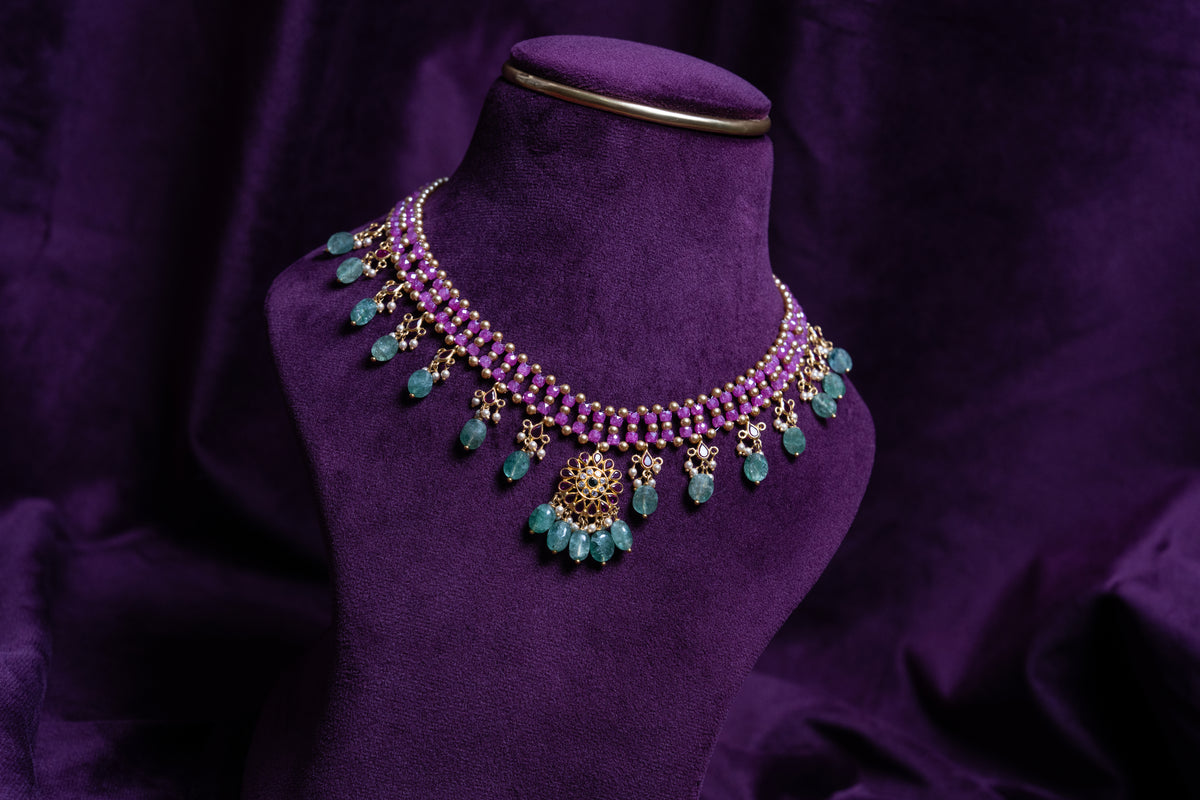 Zircon Beaded Nitting Gemstone Kempu Emerald Ovel Drop Necklace Made With Precious South Sea Pearls & Russian Emerald With CZ/Polkis