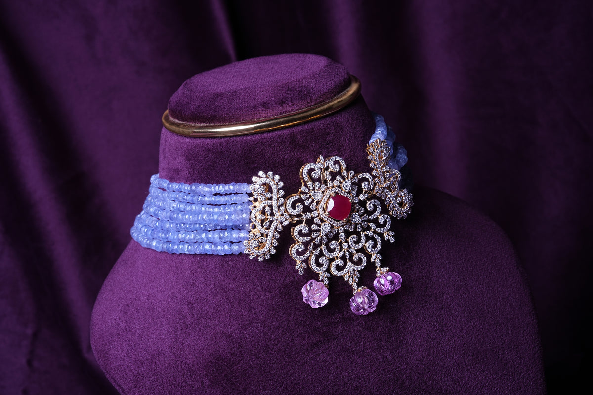 Lab Grown Diamond Changeable Stone Emerald and Ruby 3-in-1 Changeable Beads with Tanzanites & Pink Tourmaline Necklace